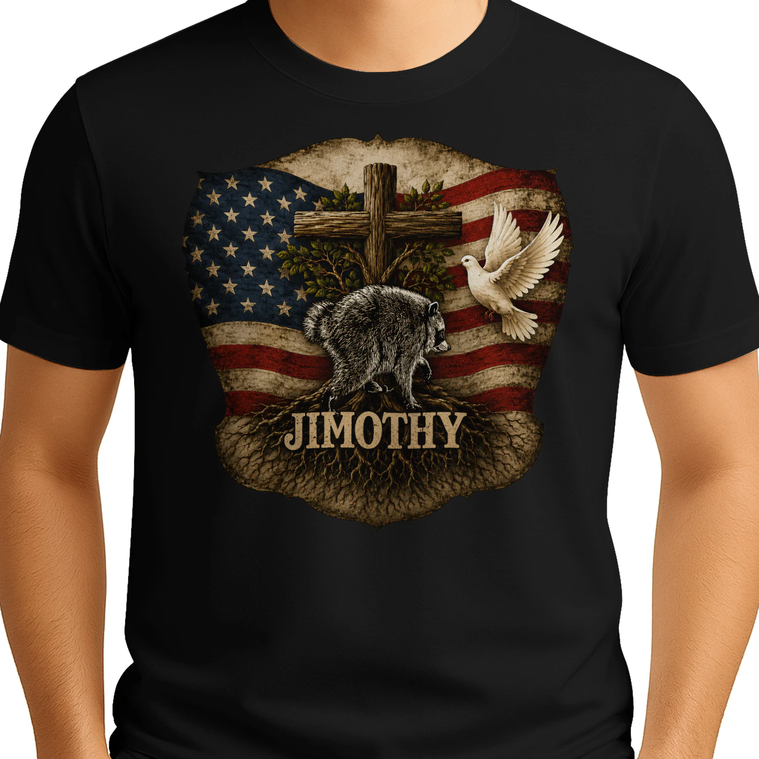 Jimothy Viral Raccoon Meme  Raccoon Cute Trash Panda Viral Animal Lover Gift  Jimothy Patriotic Raccoon Cross & American Flag Unisex Heavy Cotton Tee