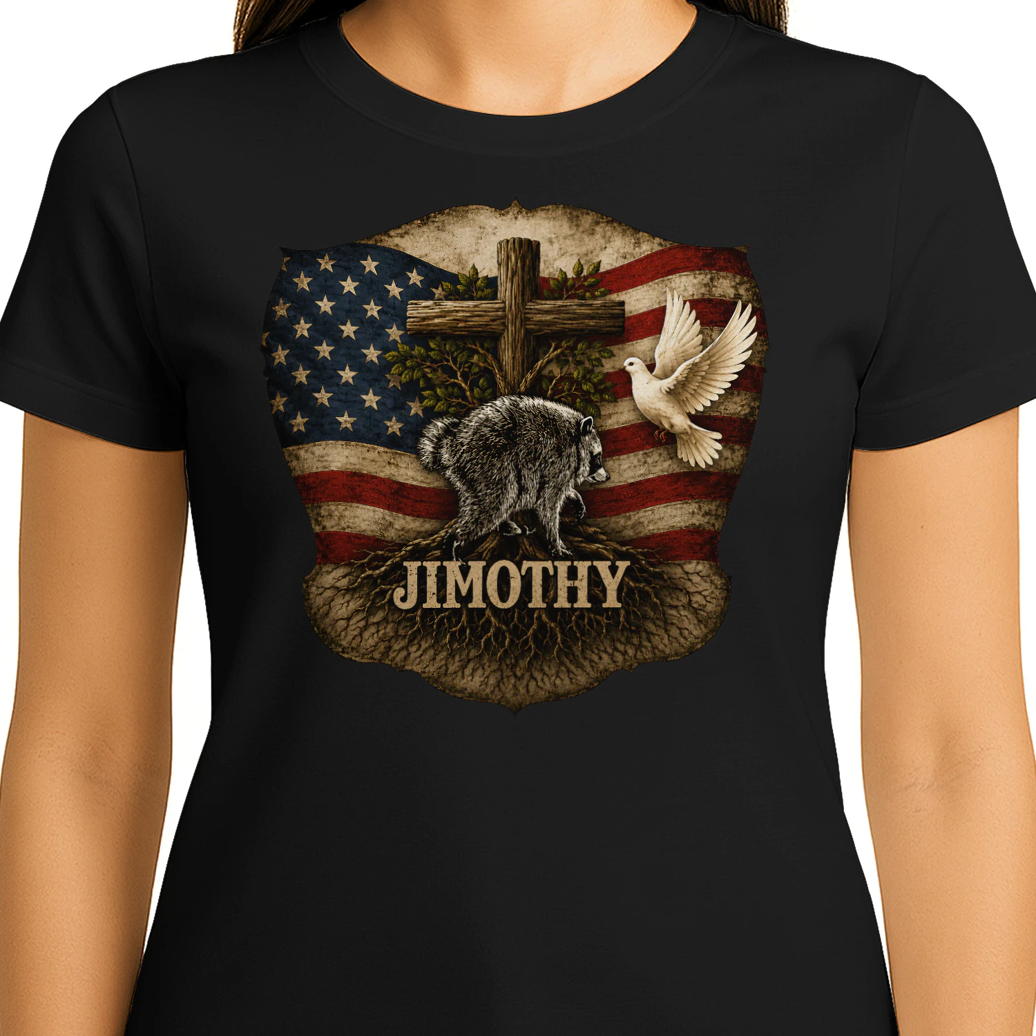 Jimothy Viral Raccoon Meme  Raccoon Cute Trash Panda Viral Animal Lover Gift  Jimothy Patriotic Raccoon Cross & American Flag Unisex Heavy Cotton Tee