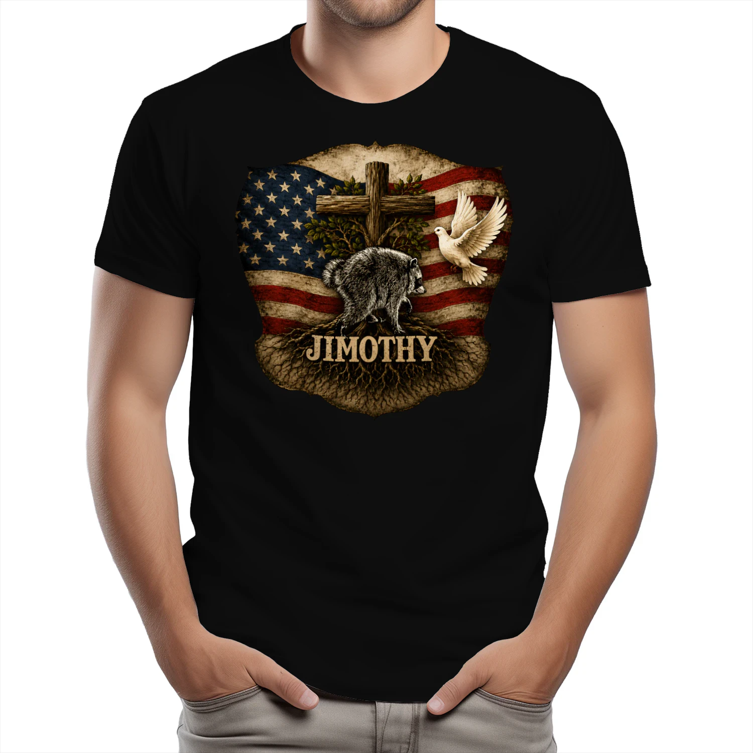 Jimothy Viral Raccoon Meme  Raccoon Cute Trash Panda Viral Animal Lover Gift  Jimothy Patriotic Raccoon Cross & American Flag Unisex Heavy Cotton Tee