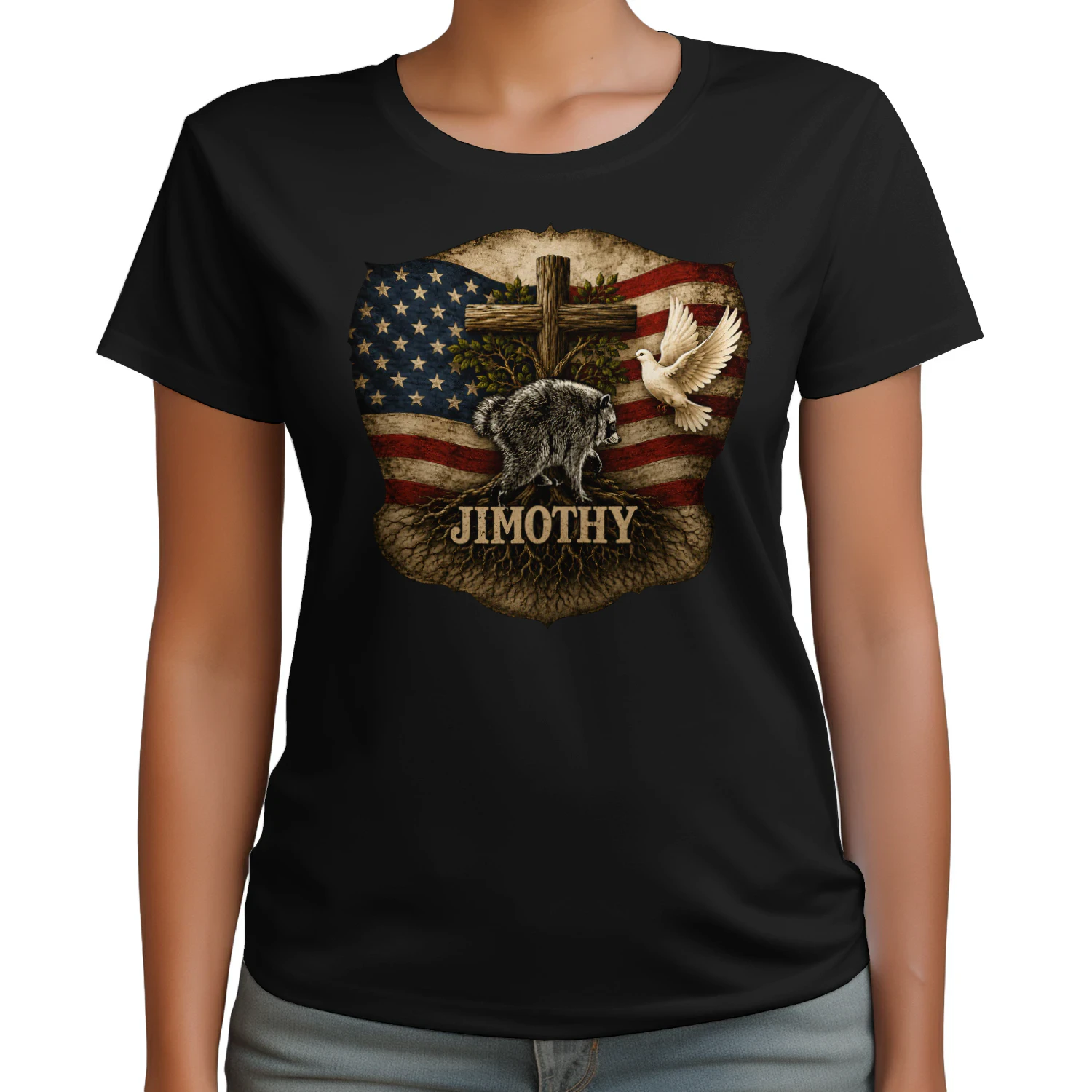 Jimothy Viral Raccoon Meme  Raccoon Cute Trash Panda Viral Animal Lover Gift  Jimothy Patriotic Raccoon Cross & American Flag Unisex Heavy Cotton Tee