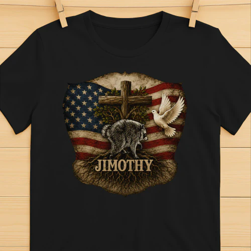 Jimothy Raccoon Cute Trash Panda Viral Animal Lover Gift T-Shirt Christian Patriotic Cross usa flag