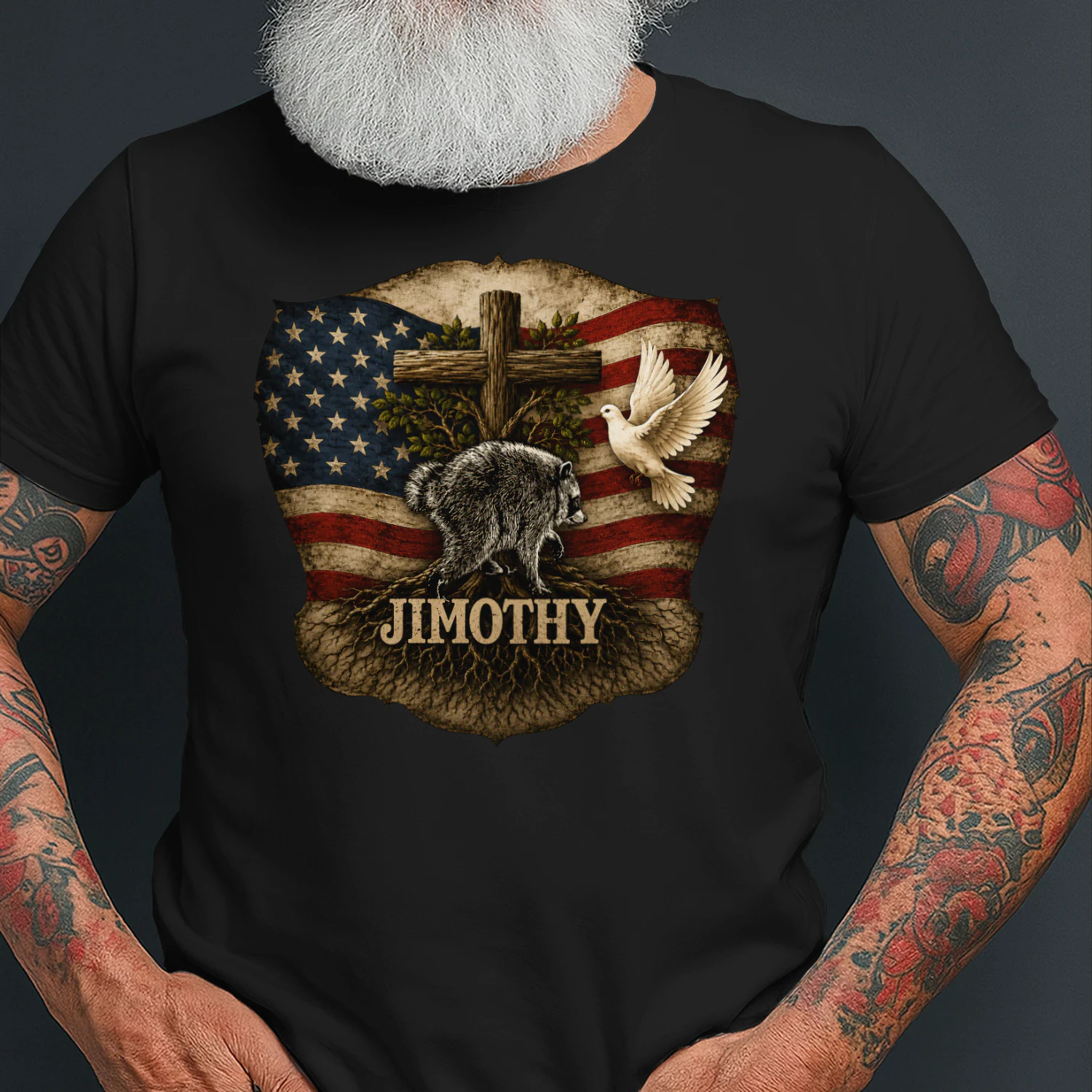 Jimothy Viral Raccoon Meme  Raccoon Cute Trash Panda Viral Animal Lover Gift  Jimothy Patriotic Raccoon Cross & American Flag Unisex Heavy Cotton Tee
