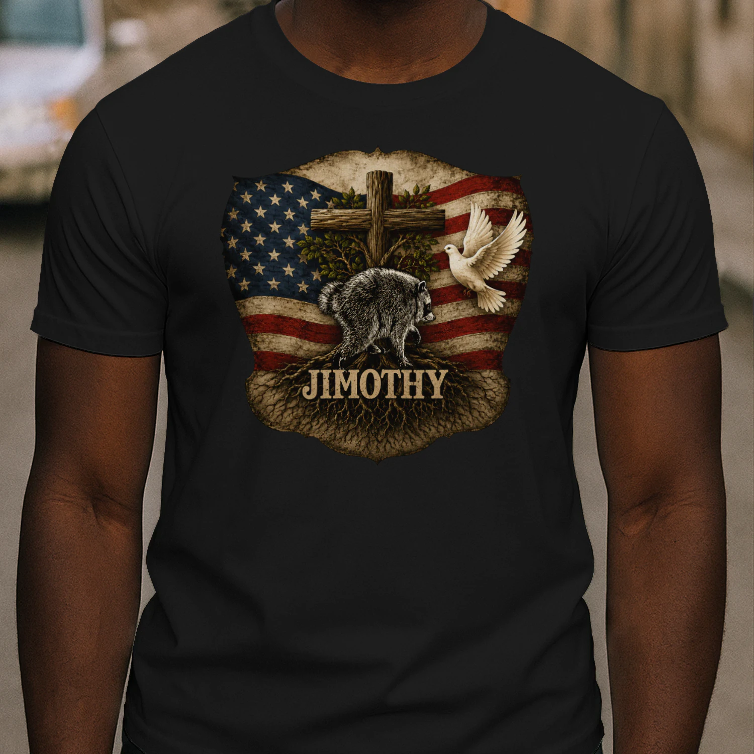 Jimothy Viral Raccoon Meme  Raccoon Cute Trash Panda Viral Animal Lover Gift  Jimothy Patriotic Raccoon Cross & American Flag Unisex Heavy Cotton Tee