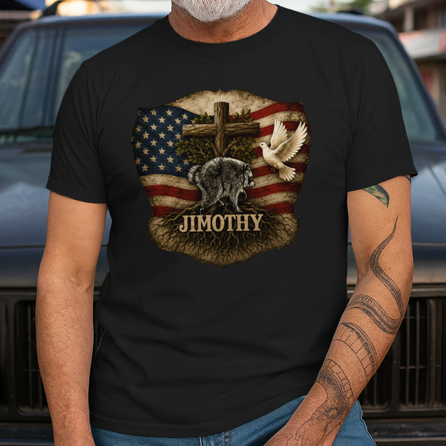 Jimothy Viral Raccoon Meme  Raccoon Cute Trash Panda Viral Animal Lover Gift  Jimothy Patriotic Raccoon Cross & American Flag Unisex Heavy Cotton Tee