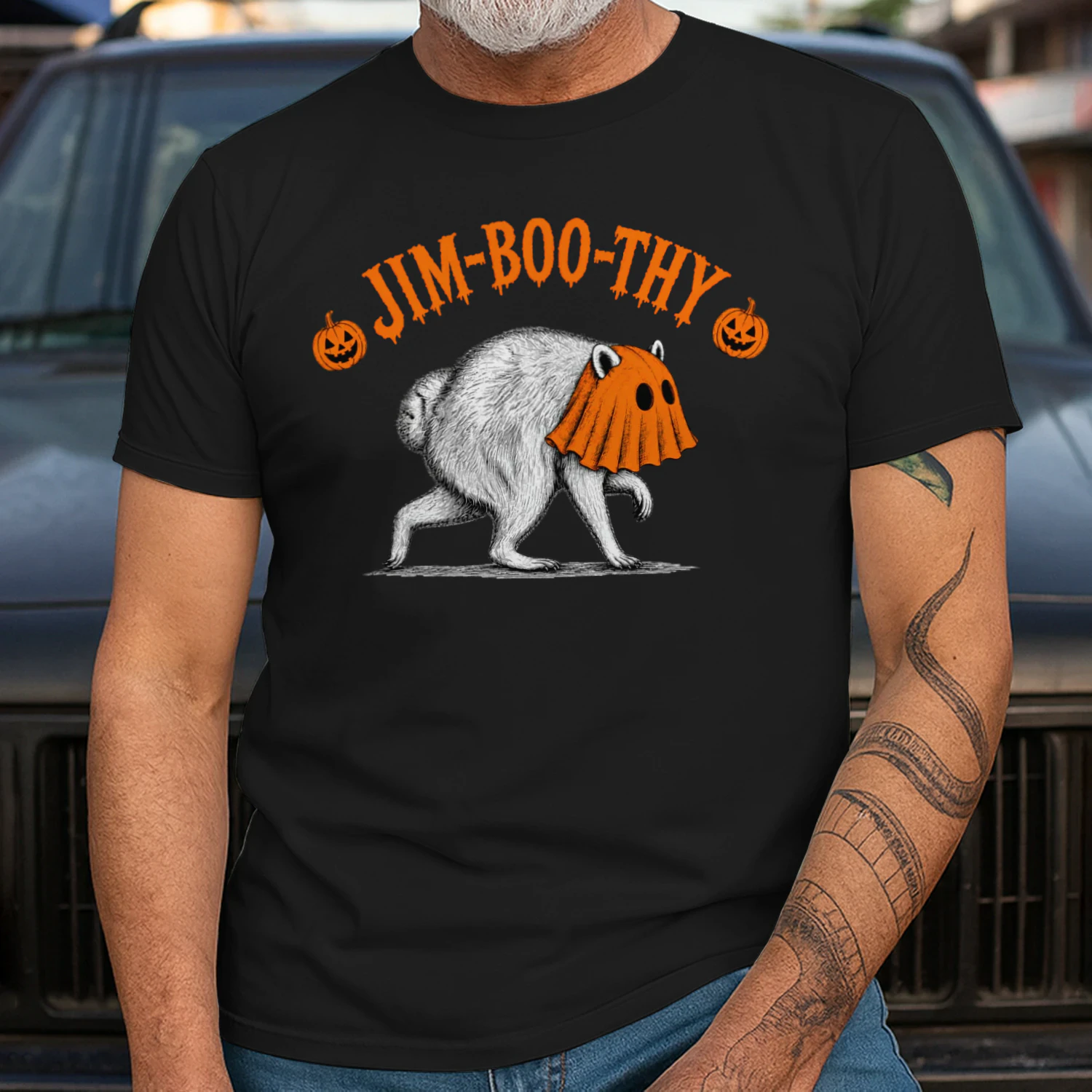 Jim-Boo-Thy Halloween Pumpkin Ghost Spooky Vintage Unisex Heavy Cotton T-shirt