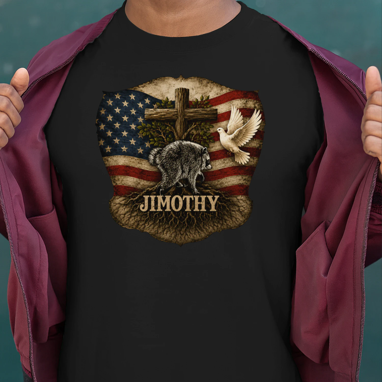 Jimothy Viral Raccoon Meme  Raccoon Cute Trash Panda Viral Animal Lover Gift  Jimothy Patriotic Raccoon Cross & American Flag Unisex Heavy Cotton Tee
