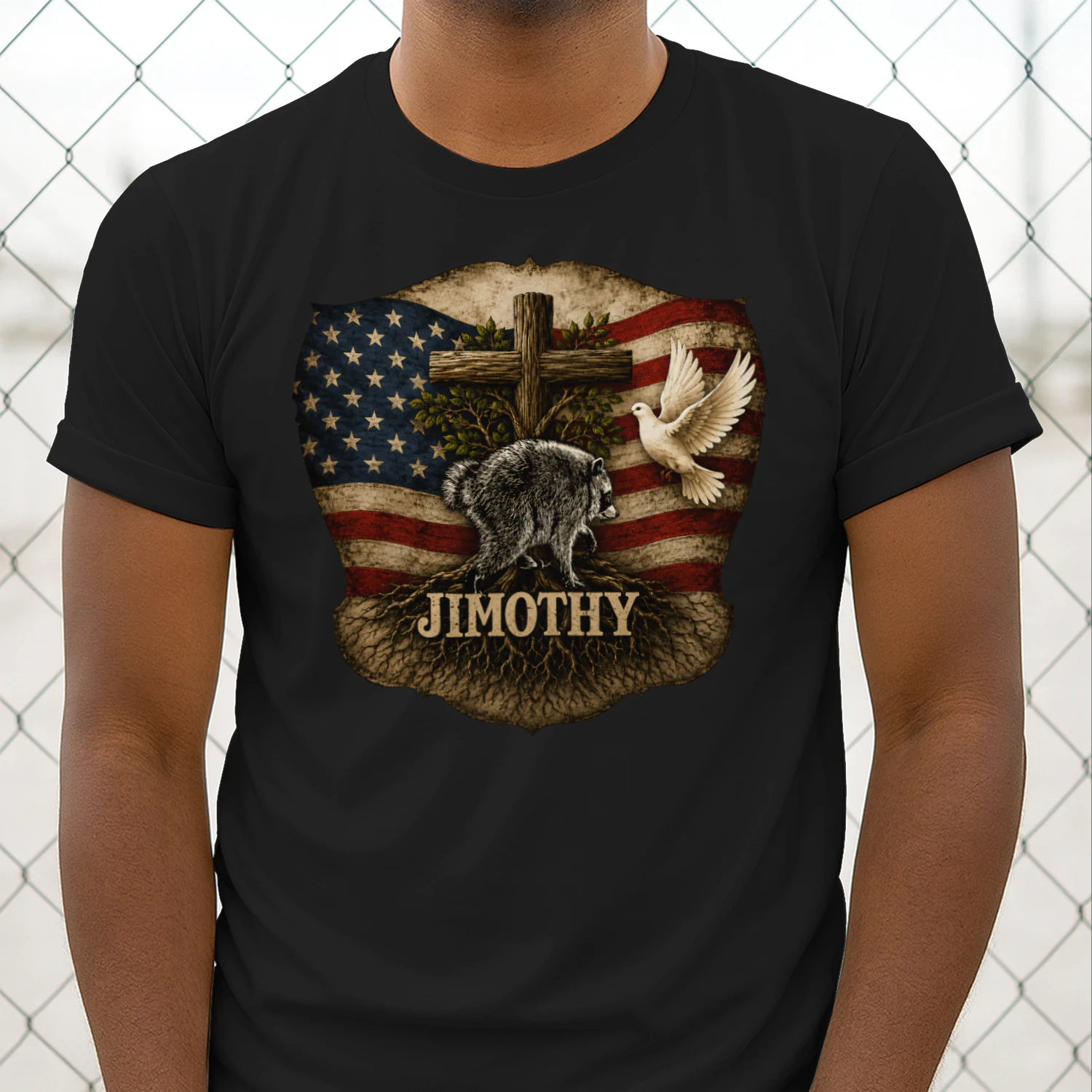 Jimothy Viral Raccoon Meme  Raccoon Cute Trash Panda Viral Animal Lover Gift  Jimothy Patriotic Raccoon Cross & American Flag Unisex Heavy Cotton Tee