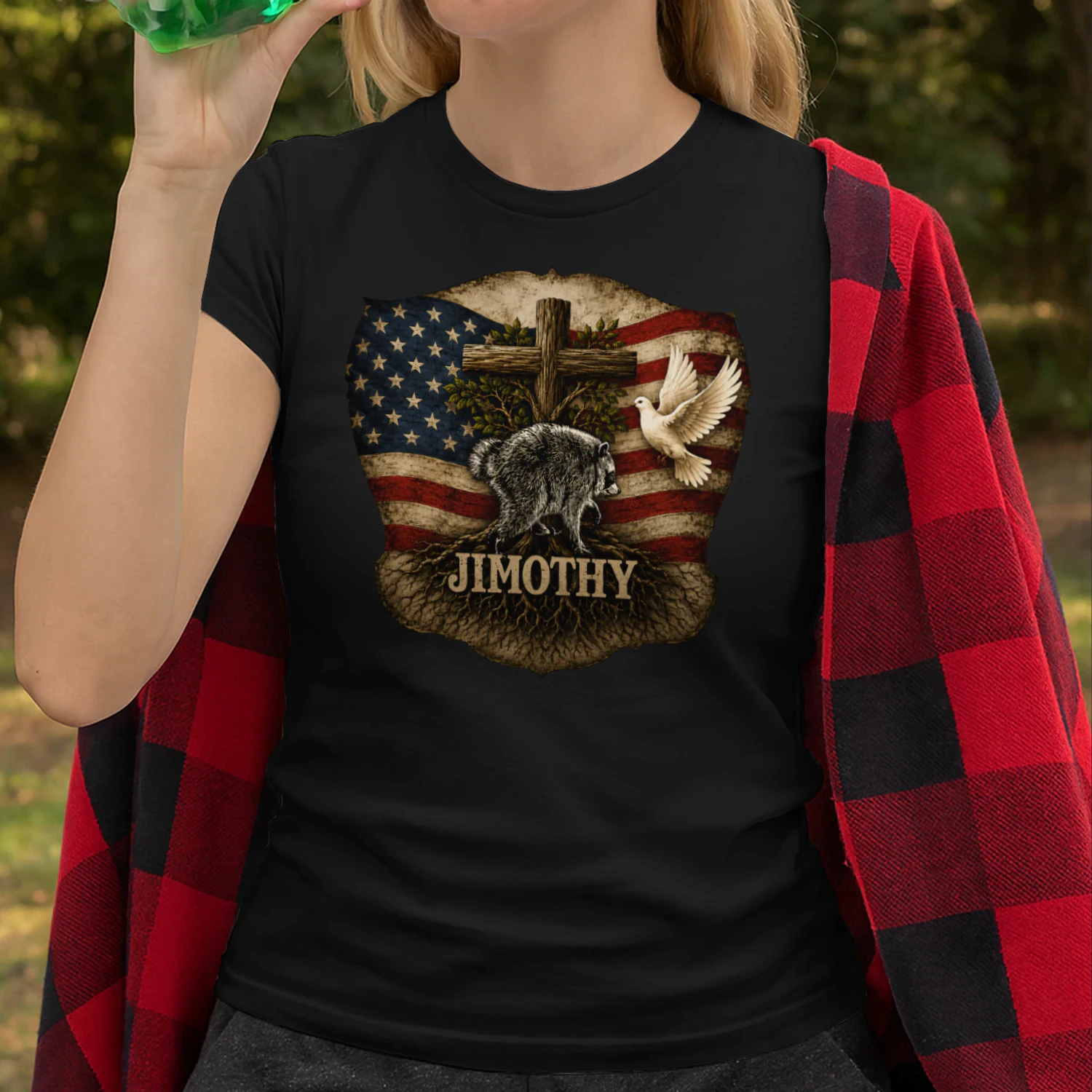 Jimothy Viral Raccoon Meme  Raccoon Cute Trash Panda Viral Animal Lover Gift  Jimothy Patriotic Raccoon Cross & American Flag Unisex Heavy Cotton Tee