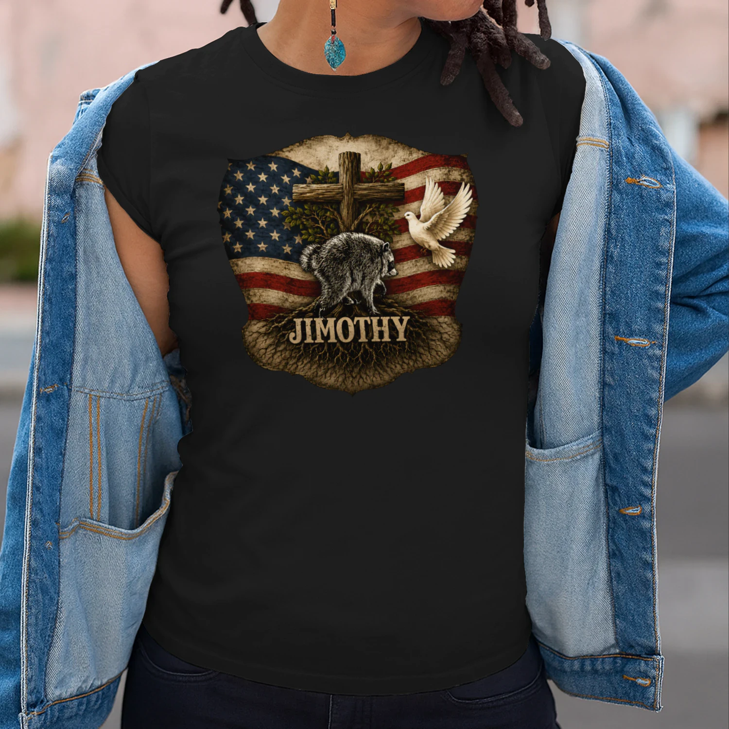 Jimothy Viral Raccoon Meme  Raccoon Cute Trash Panda Viral Animal Lover Gift  Jimothy Patriotic Raccoon Cross & American Flag Unisex Heavy Cotton Tee