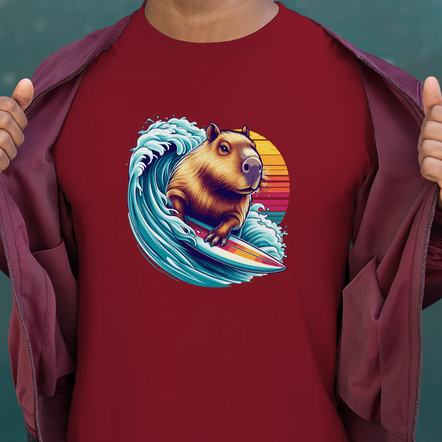 Funny capybara design t-shirt for surfer 