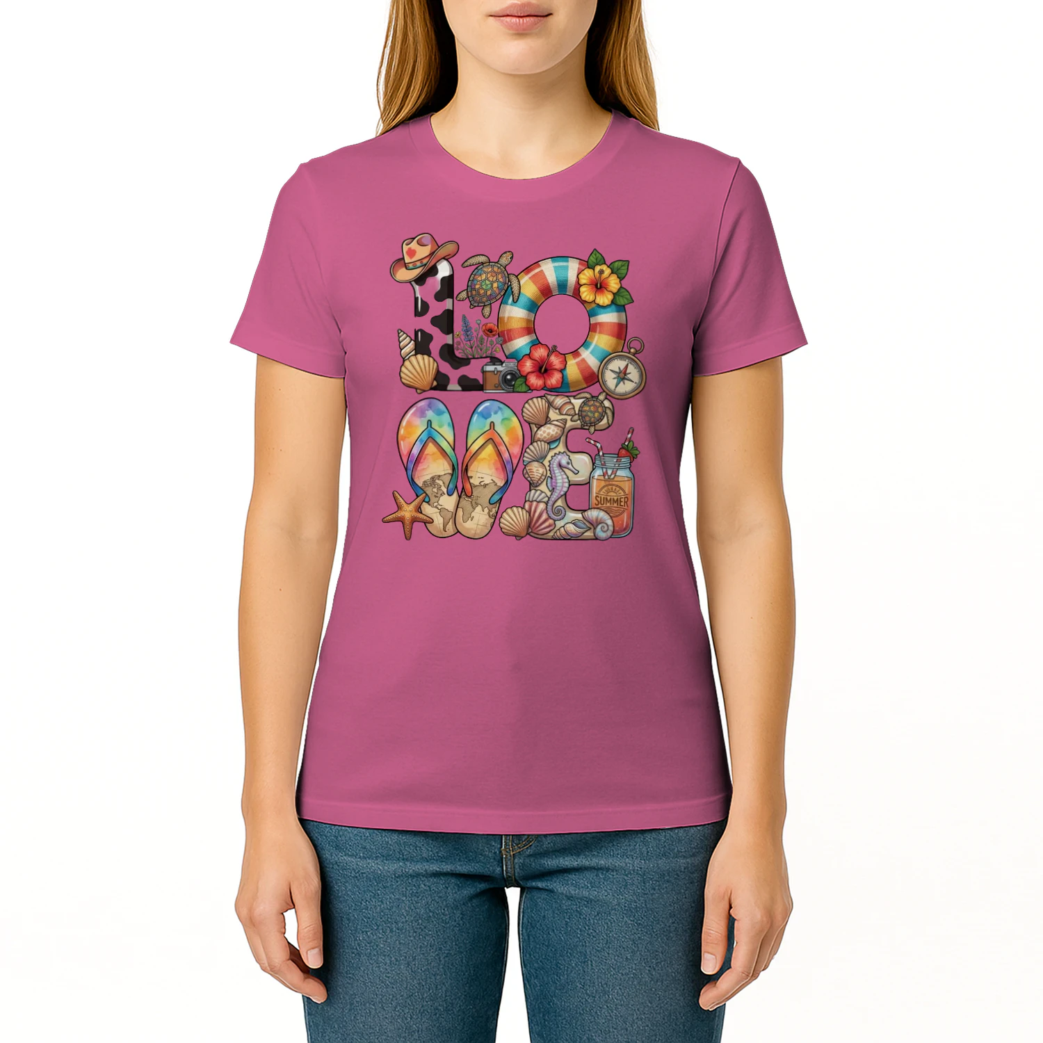 🌟 Tropical "LOVE" Beach T-Shirt – Summer Vacation Graphic Tee