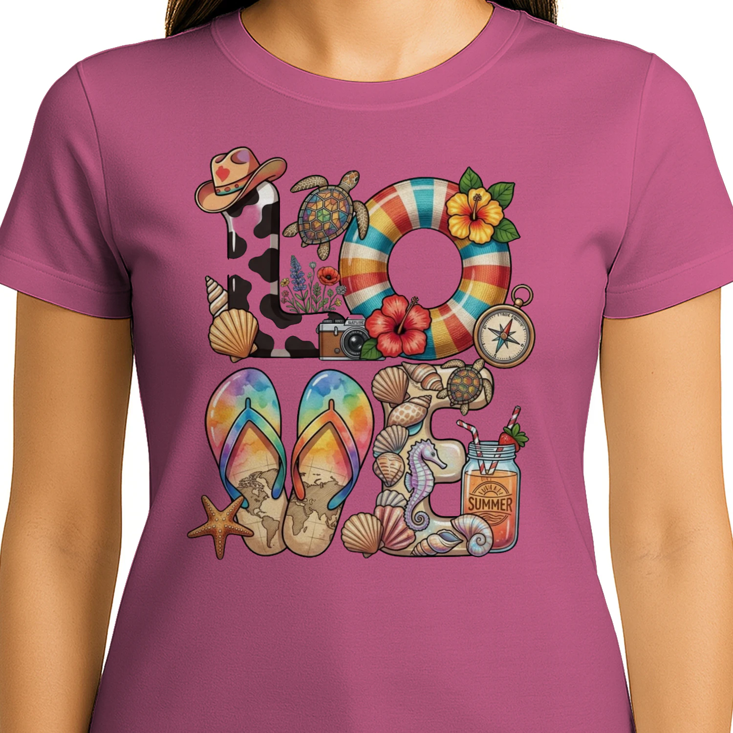 🌟 Tropical "LOVE" Beach T-Shirt – Summer Vacation Graphic Tee