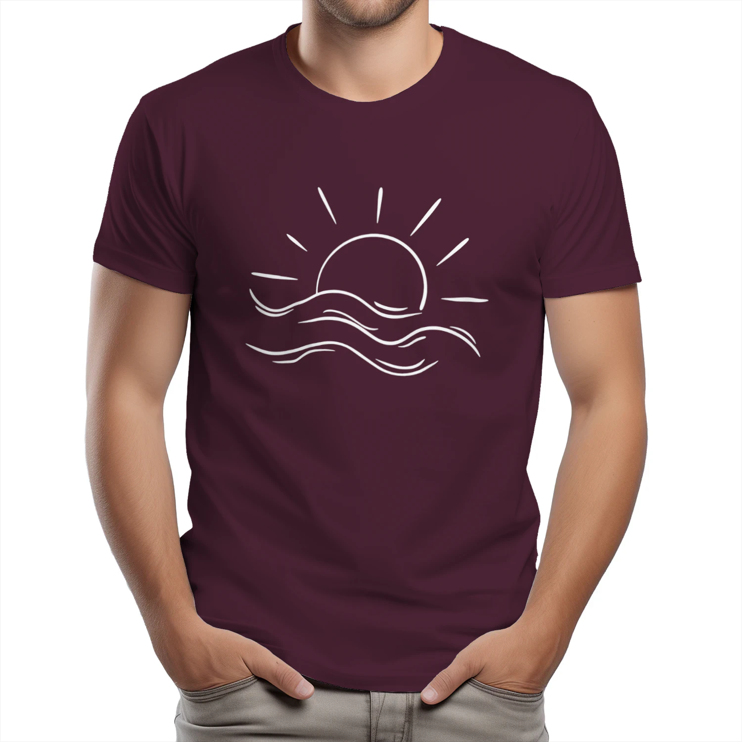 🌟 Boho Sun & Waves T-Shirt – Minimalist Summer Beach Tee