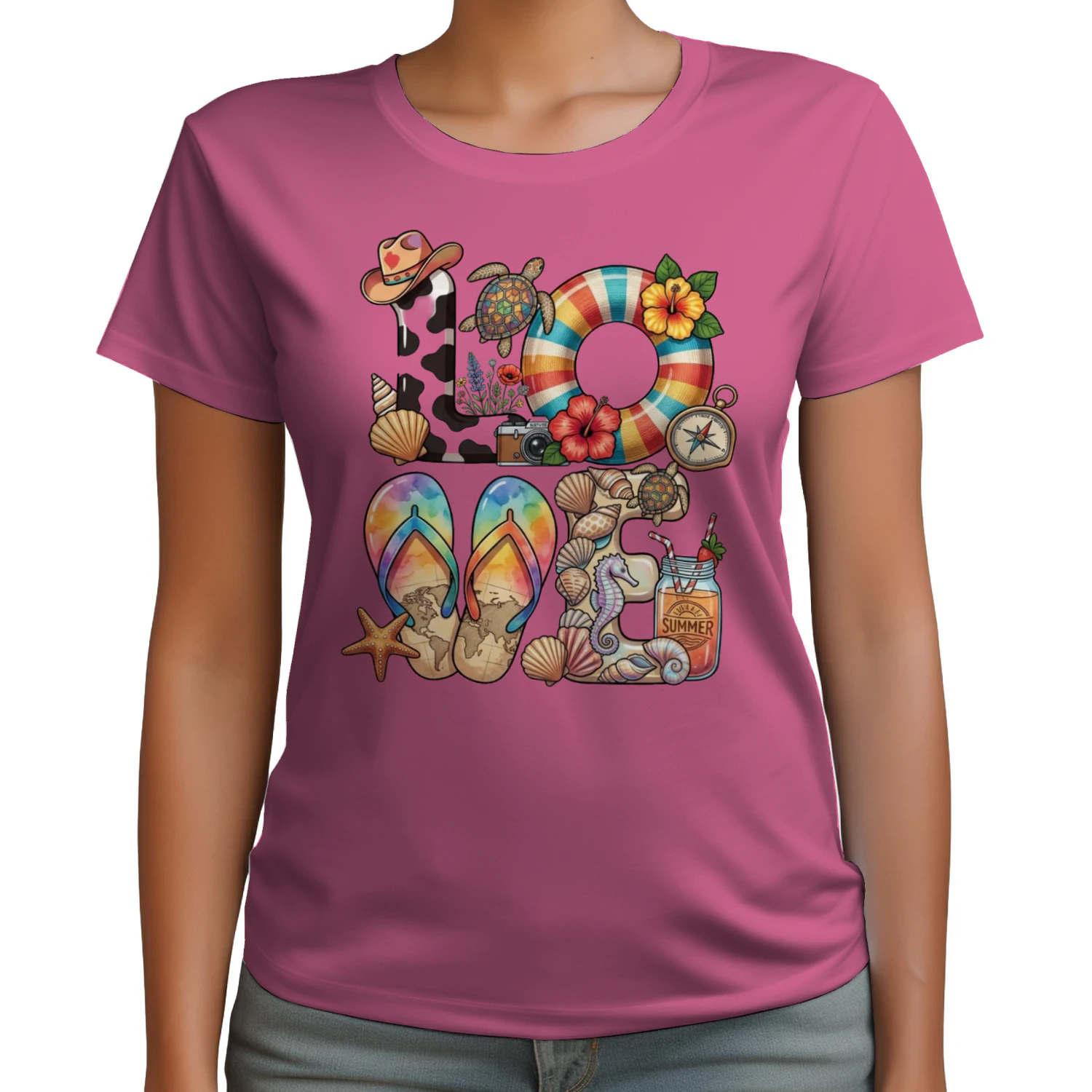 🌟 Tropical "LOVE" Beach T-Shirt – Summer Vacation Graphic Tee