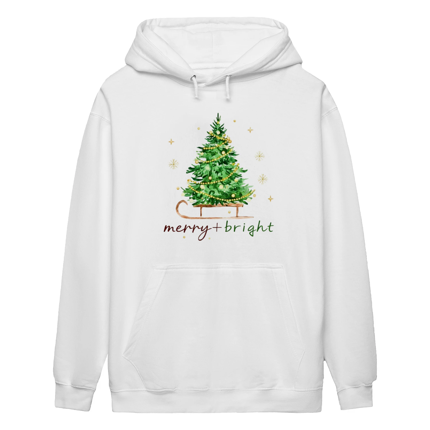 🌟 Merry & Bright Christmas Hoodie – Watercolor Tree Sleigh Graphic