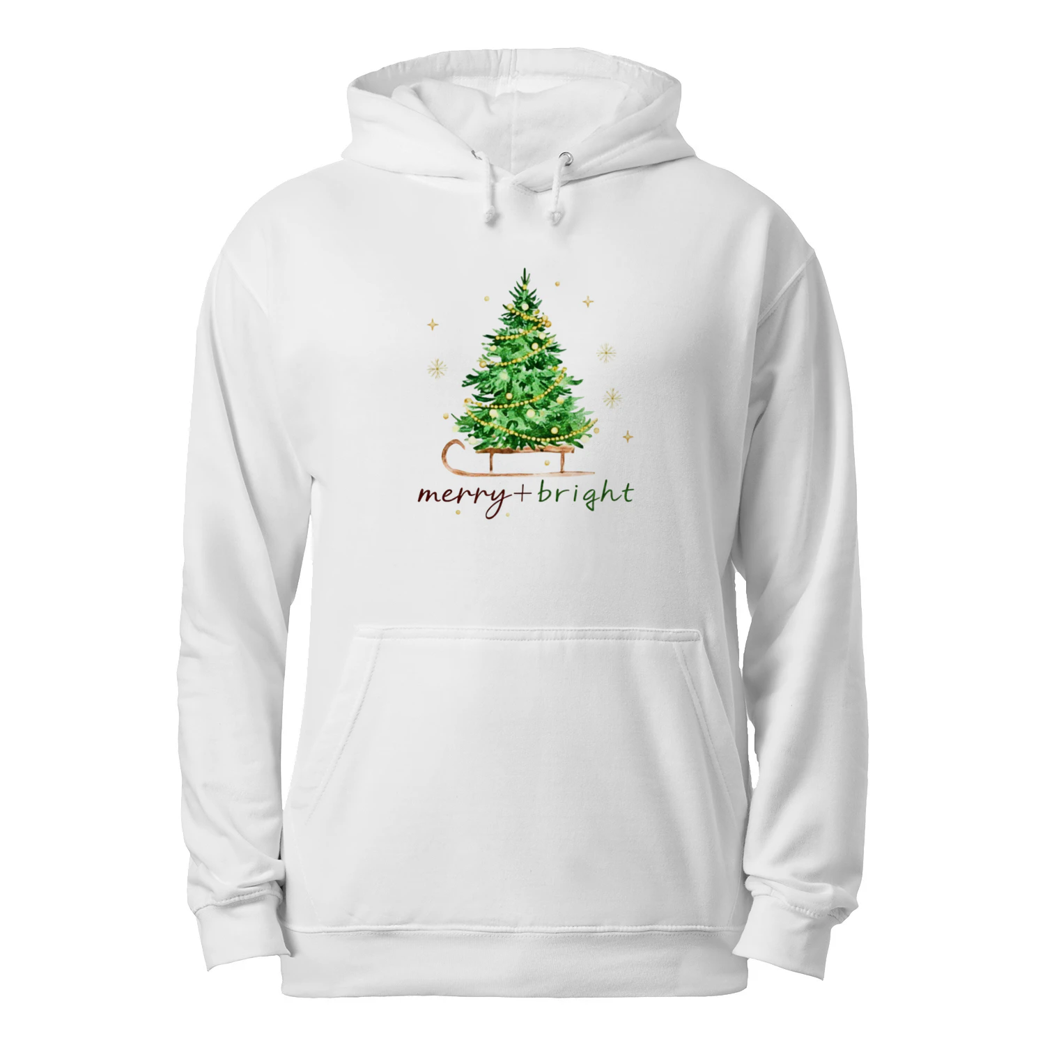 🌟 Merry & Bright Christmas Hoodie – Watercolor Tree Sleigh Graphic