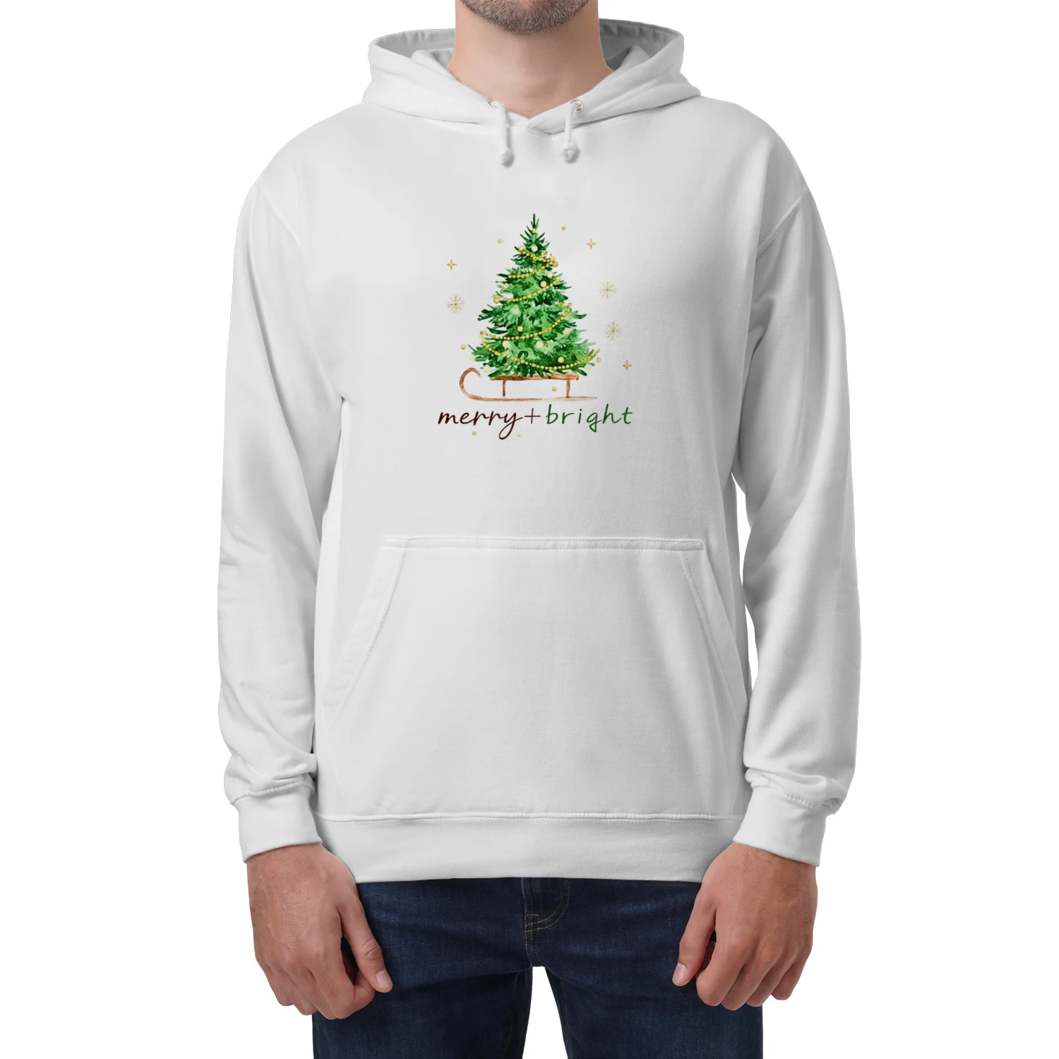 🌟 Merry & Bright Christmas Hoodie – Watercolor Tree Sleigh Graphic