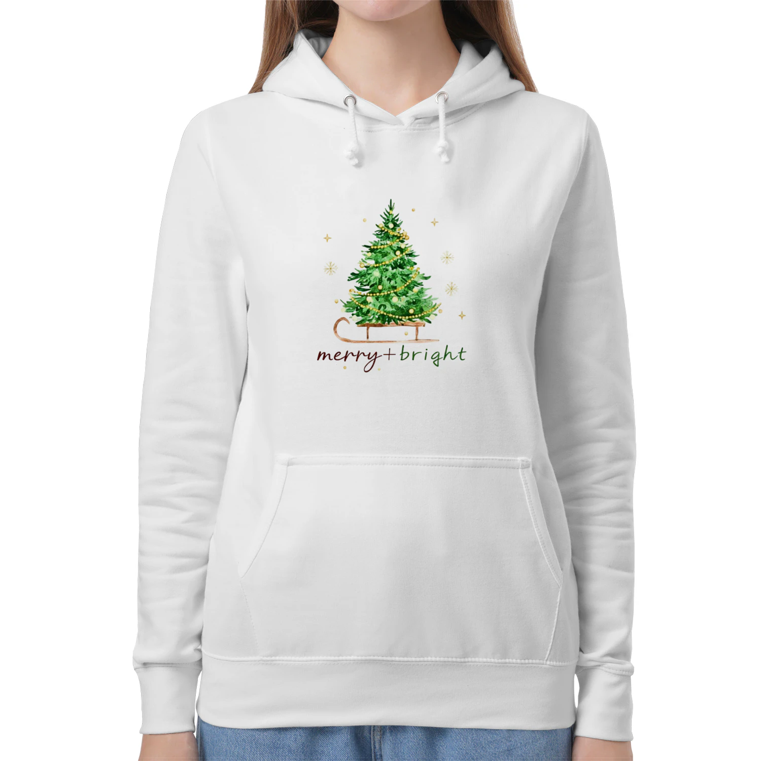 🌟 Merry & Bright Christmas Hoodie – Watercolor Tree Sleigh Graphic