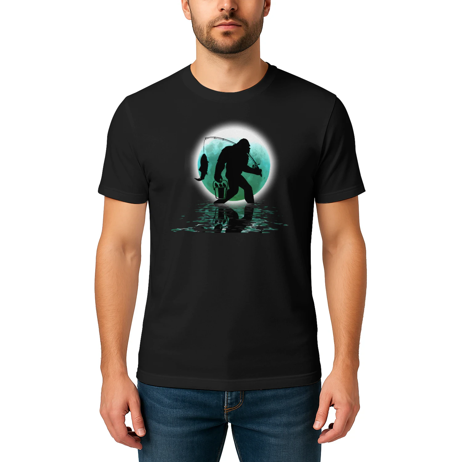 Bigfoot Fishing Funny Sasquatch and Fish Night Fishing T-Shirt 