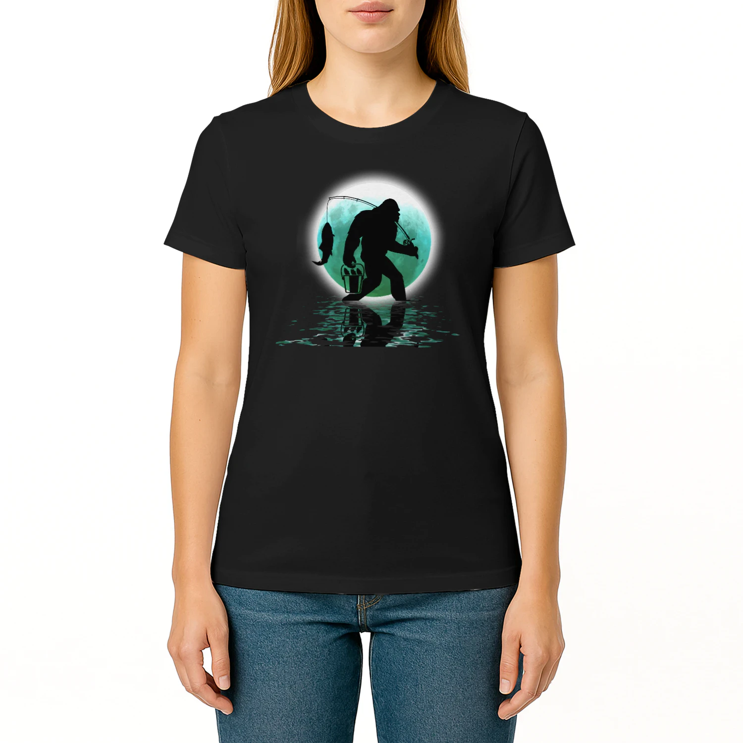 Bigfoot Fishing Funny Sasquatch and Fish Night Fishing T-Shirt 