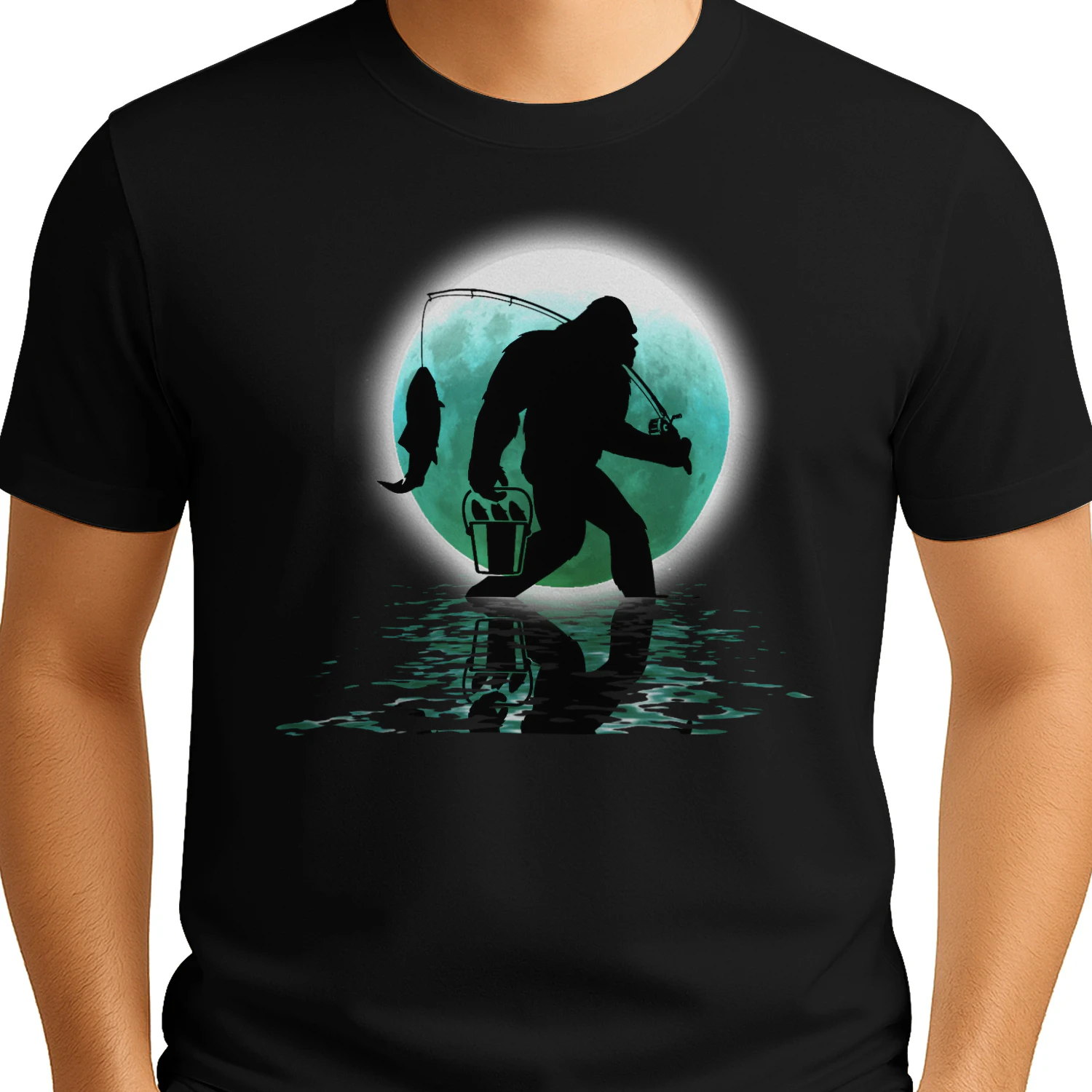 Bigfoot Fishing Funny Sasquatch and Fish Night Fishing T-Shirt 