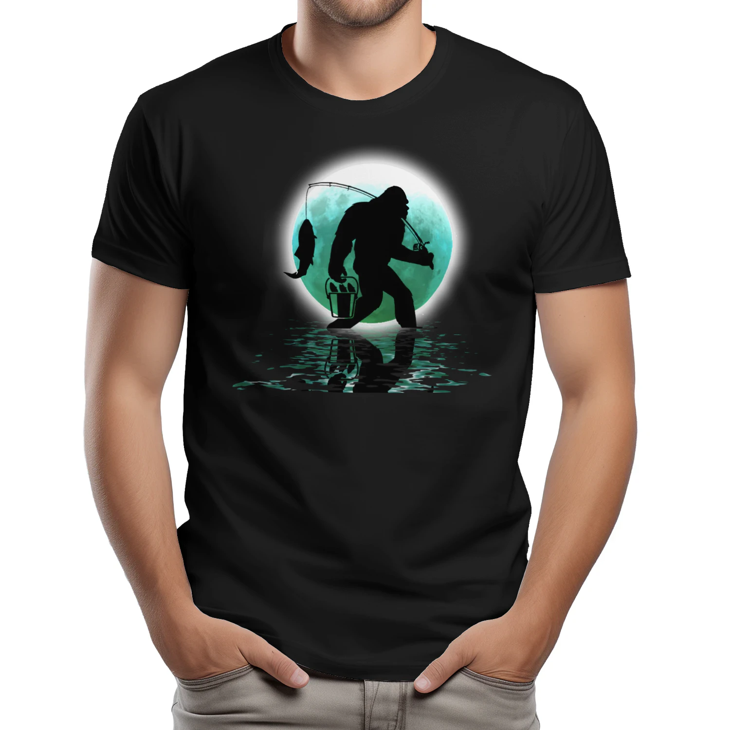 Bigfoot Fishing Funny Sasquatch and Fish Night Fishing T-Shirt 