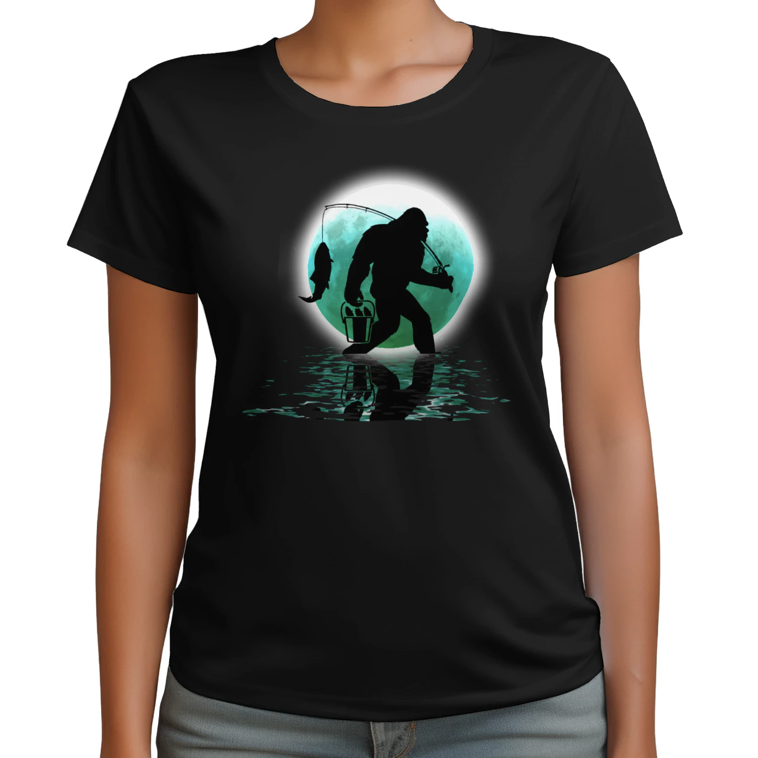Bigfoot Fishing Funny Sasquatch and Fish Night Fishing T-Shirt 