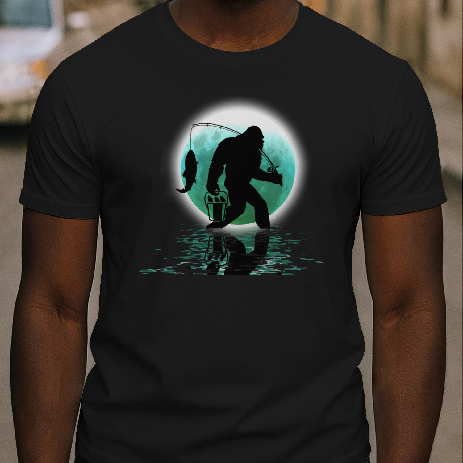 Bigfoot Fishing Funny Sasquatch and Fish Night Fishing T-Shirt 