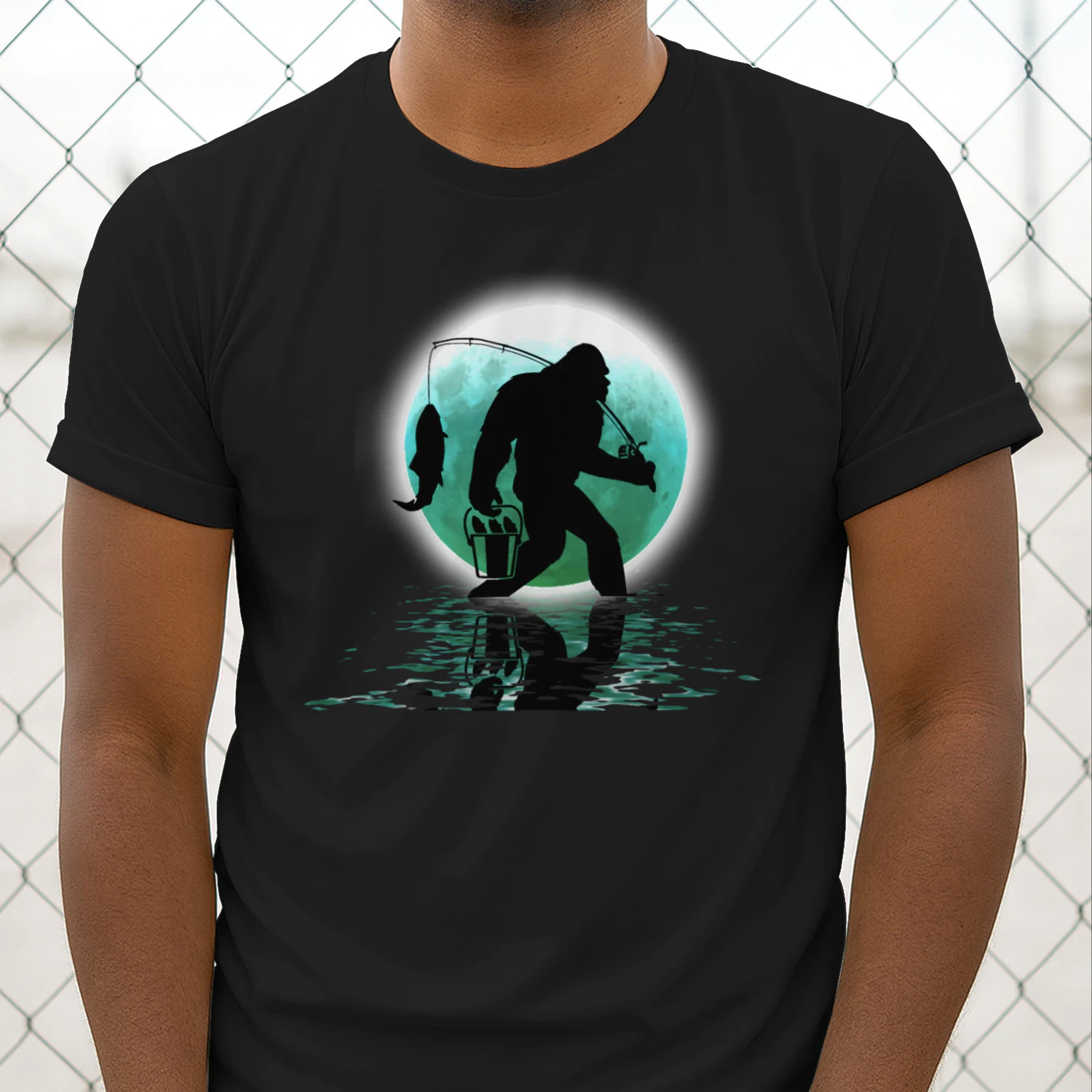 Bigfoot Fishing Funny Sasquatch and Fish Night Fishing T-Shirt 