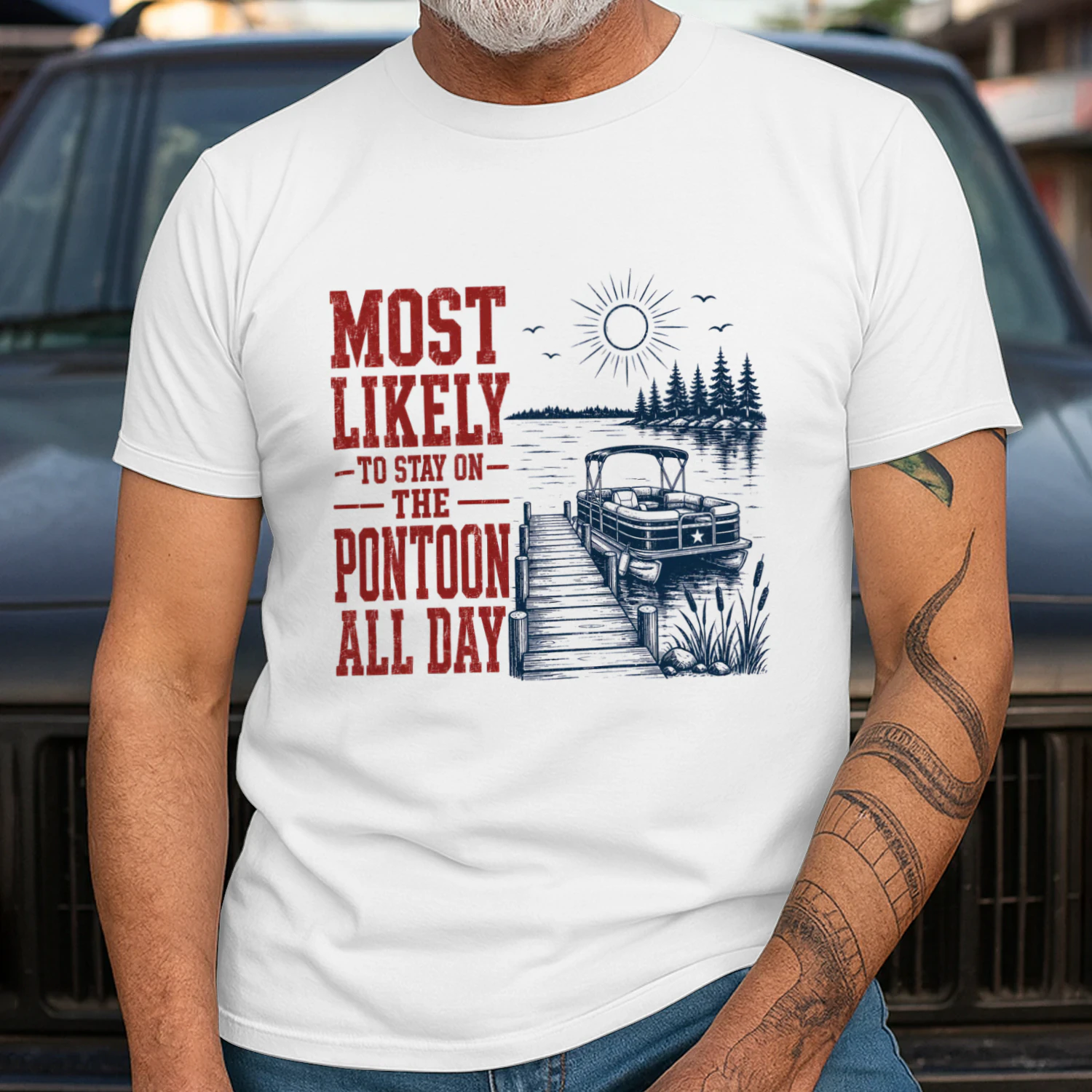 Most Likely To Stay On The Pontoon All Day Funny Boat T-Shirt