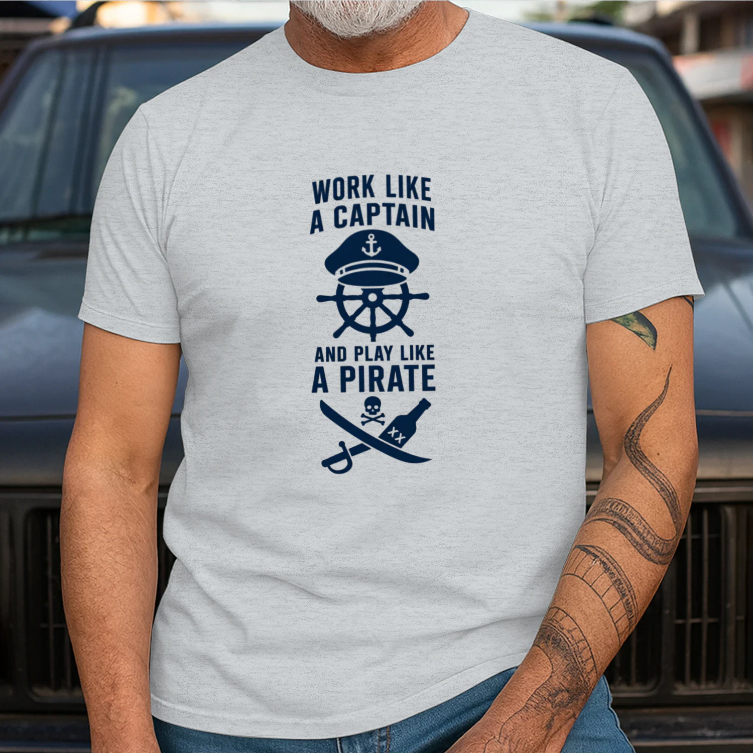 Work Hard and Play Like a Pirate T-Shirt – Funny Nautical Gift for Sailors & Boat Lovers