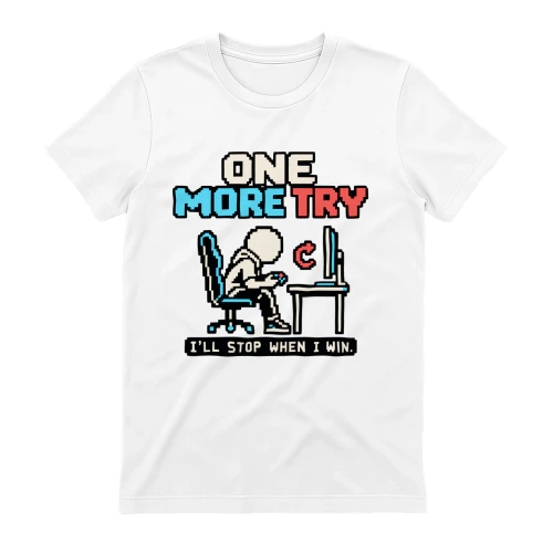 One More Try Gamer T-Shirt, I'll Stop When I Win Gaming Shirt, Funny Retro Pixel Art Video Game Design, Cool Gamer Gift for Men and Women