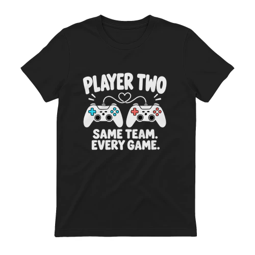 Player Two Same Team Every Game T-Shirt, Cute Gamer Couple Shirt, Matching Gaming Couple Tee, Video Game Controllers with Heart Design, Romantic Gift for Gamer Boyfriend Girlfriend Husband Wife