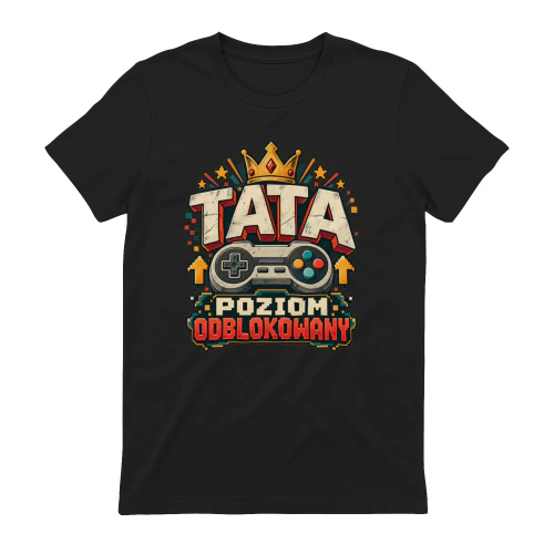Tata Poziom Odblokowany Koszulka, Śmieszny T-Shirt dla Taty Gracza, Retro Gaming z Padem i Koroną, Prezent dla Przyszłego Ojca, Dzień Ojca, Gamer Dad