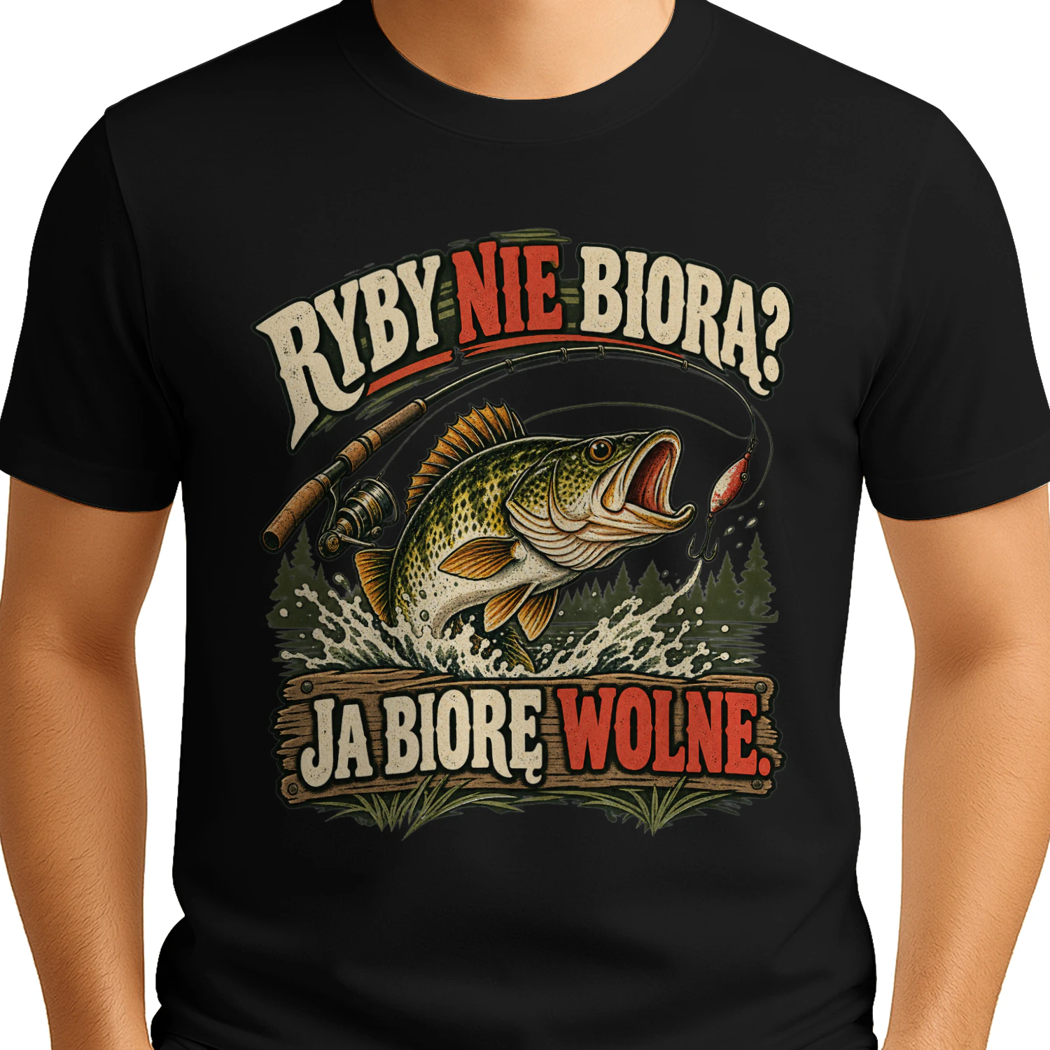 Ryby Nie Biorą Ja Biorę Wolne Koszulka, Śmieszny T-Shirt Wędkarski, Retro Wędkarz z Rybą, Humor Wędkarski, Prezent dla Wędkarza i Miłośnika Łowienia Ryb