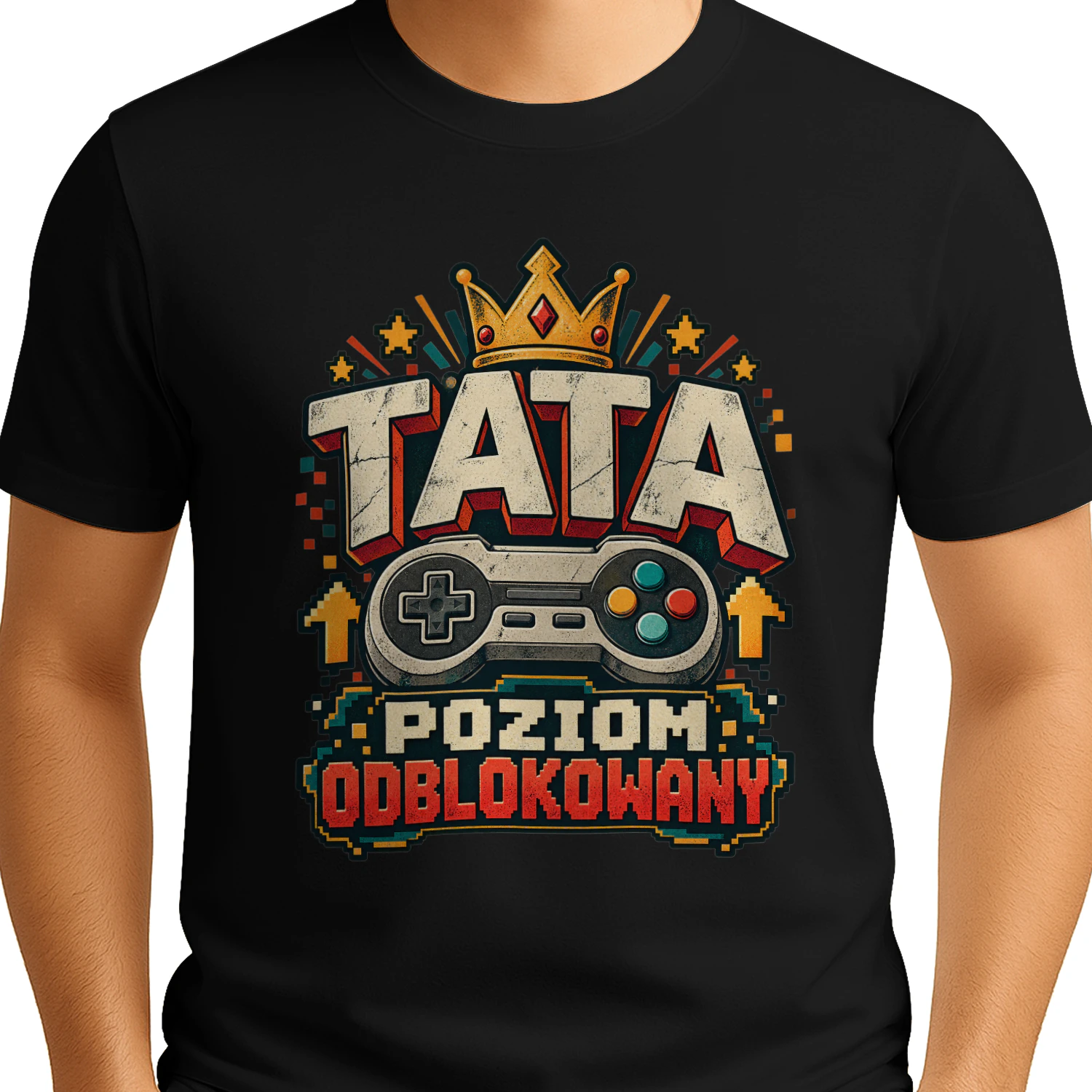 Tata Poziom Odblokowany Koszulka, Śmieszny T-Shirt dla Taty Gracza, Retro Gaming z Padem i Koroną, Prezent dla Przyszłego Ojca, Dzień Ojca, Gamer Dad