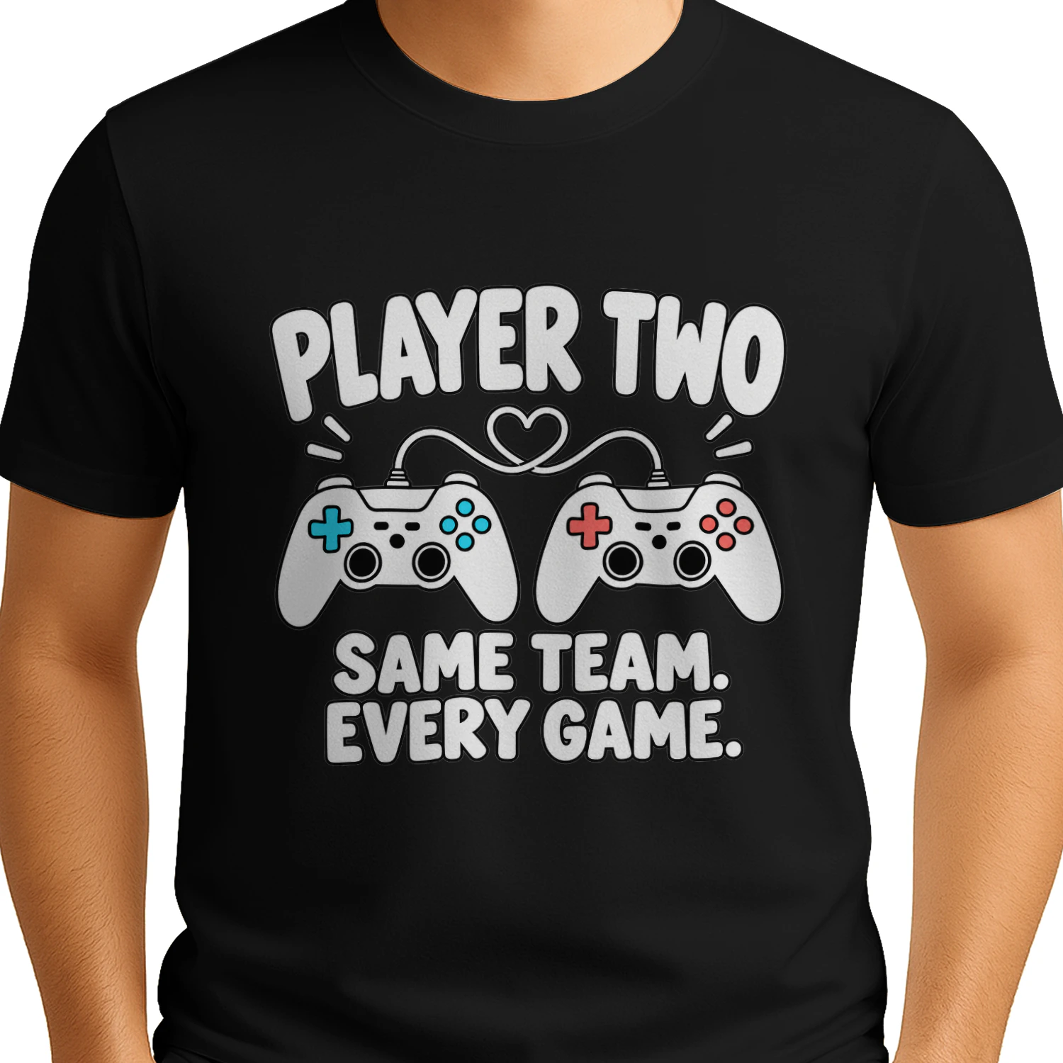 Player Two Same Team Every Game T-Shirt, Cute Gamer Couple Shirt, Matching Gaming Couple Tee, Video Game Controllers with Heart Design, Romantic Gift for Gamer Boyfriend Girlfriend Husband Wife