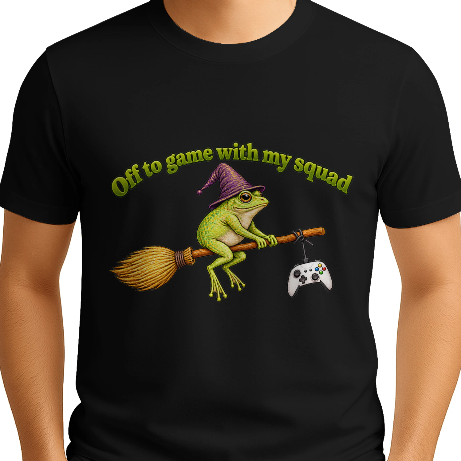 Off to Game With My Squad T-Shirt, Funny Gamer Frog Witch Graphic Tee, Magical Frog on Broomstick Gaming Shirt, Fantasy Gaming Humor Design, Gift for Gamers Men and Women