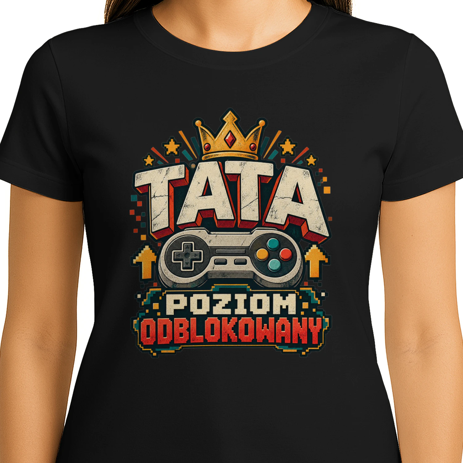 Tata Poziom Odblokowany Koszulka, Śmieszny T-Shirt dla Taty Gracza, Retro Gaming z Padem i Koroną, Prezent dla Przyszłego Ojca, Dzień Ojca, Gamer Dad