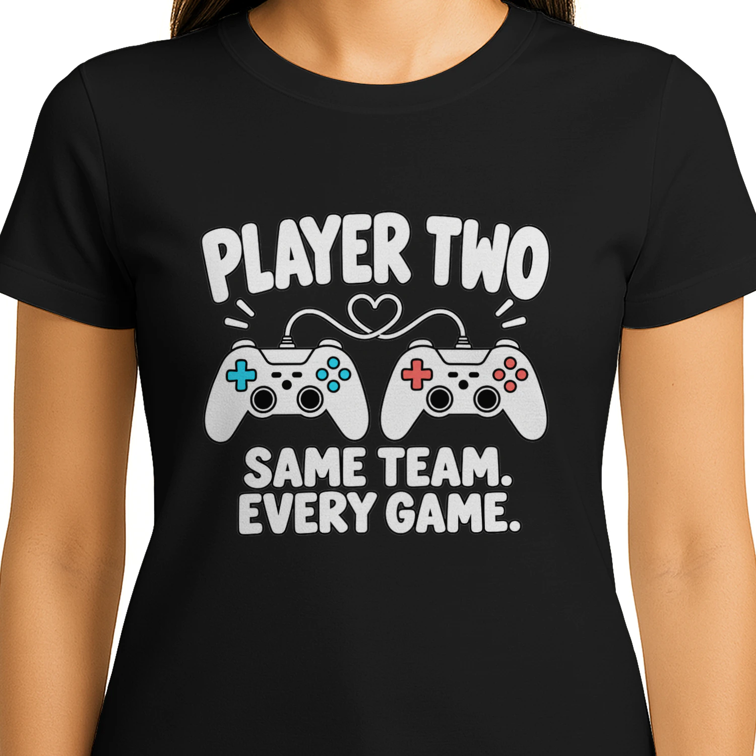 Player Two Same Team Every Game T-Shirt, Cute Gamer Couple Shirt, Matching Gaming Couple Tee, Video Game Controllers with Heart Design, Romantic Gift for Gamer Boyfriend Girlfriend Husband Wife