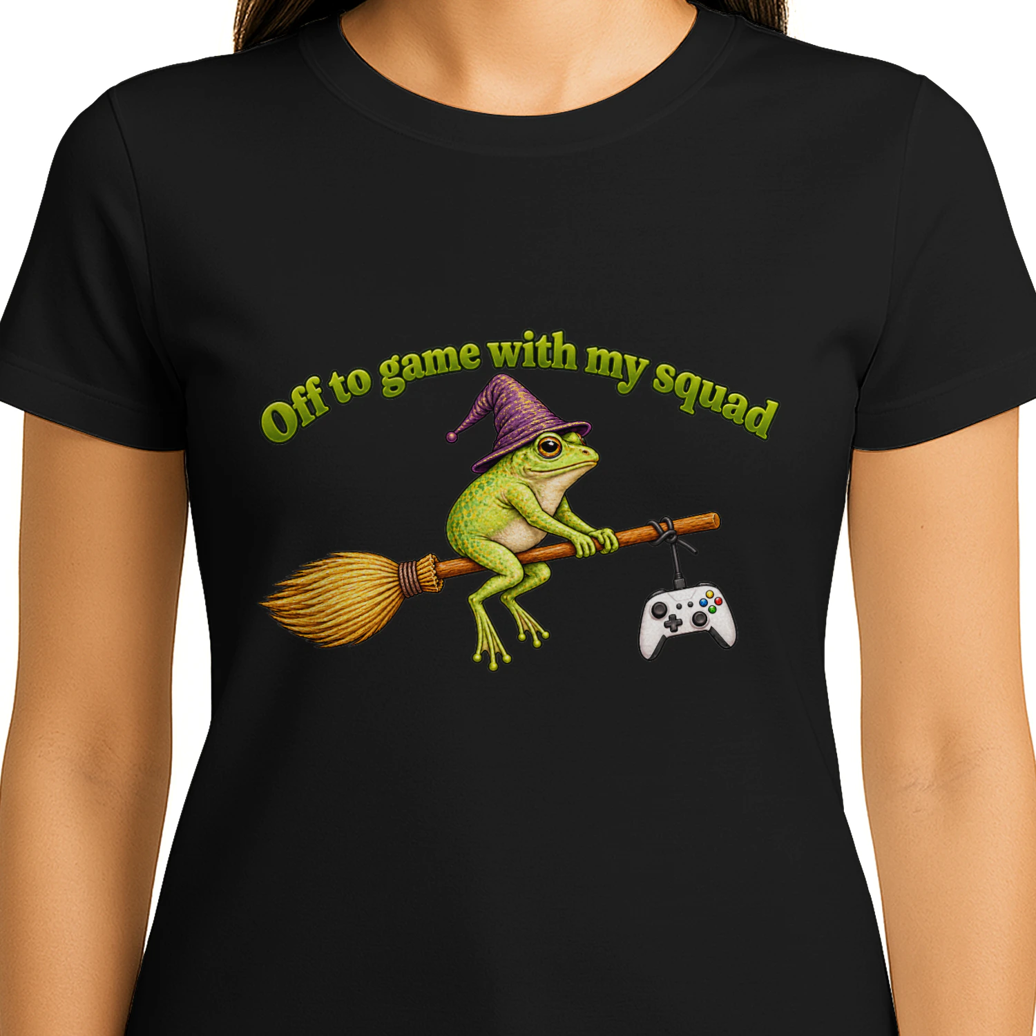 Off to Game With My Squad T-Shirt, Funny Gamer Frog Witch Graphic Tee, Magical Frog on Broomstick Gaming Shirt, Fantasy Gaming Humor Design, Gift for Gamers Men and Women