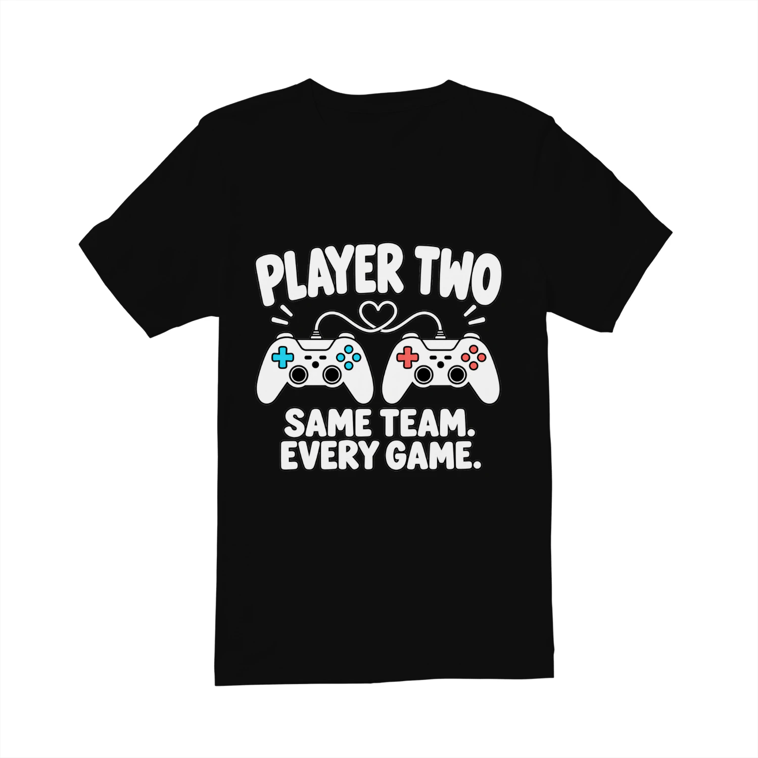 Player Two Same Team Every Game T-Shirt, Cute Gamer Couple Shirt, Matching Gaming Couple Tee, Video Game Controllers with Heart Design, Romantic Gift for Gamer Boyfriend Girlfriend Husband Wife