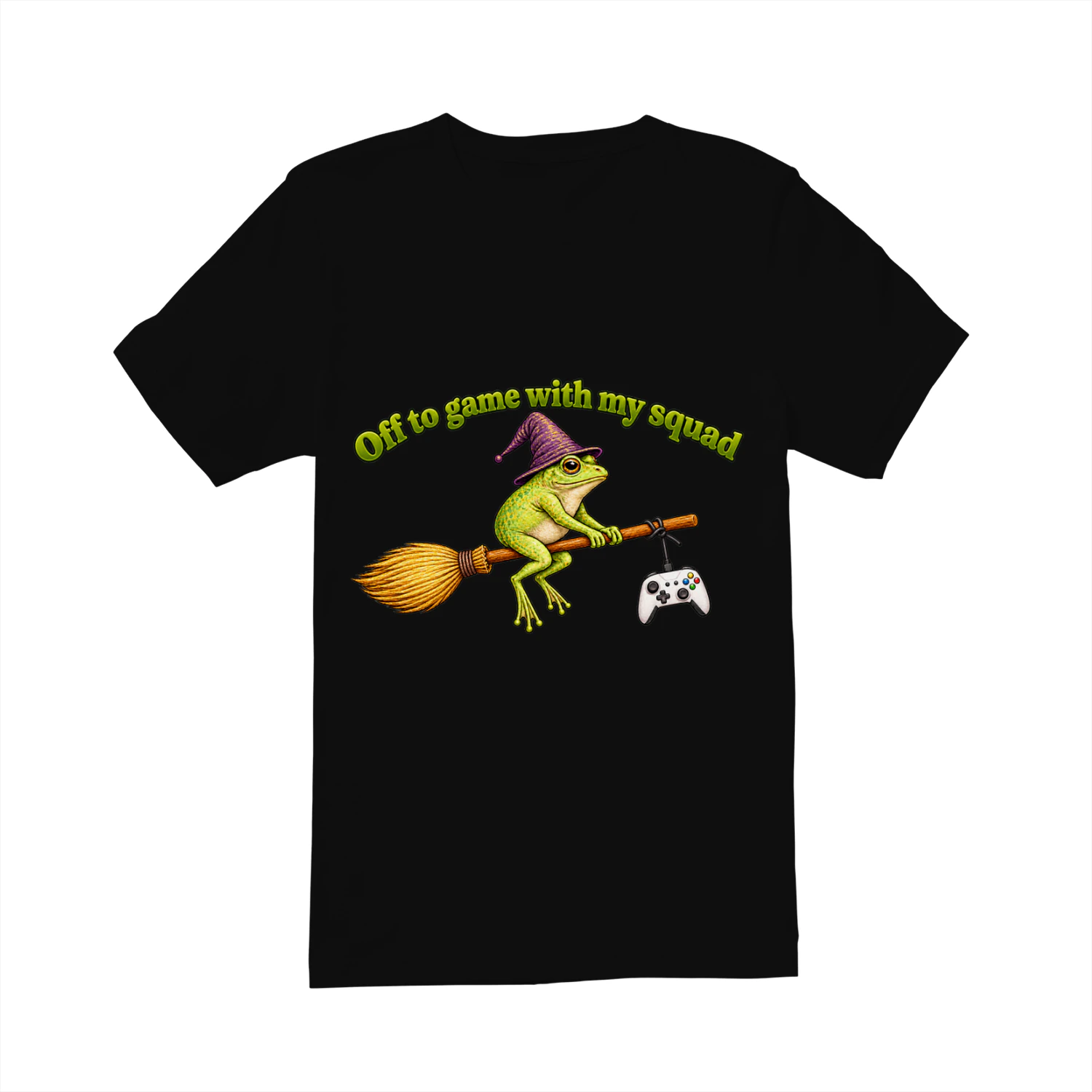 Off to Game With My Squad T-Shirt, Funny Gamer Frog Witch Graphic Tee, Magical Frog on Broomstick Gaming Shirt, Fantasy Gaming Humor Design, Gift for Gamers Men and Women
