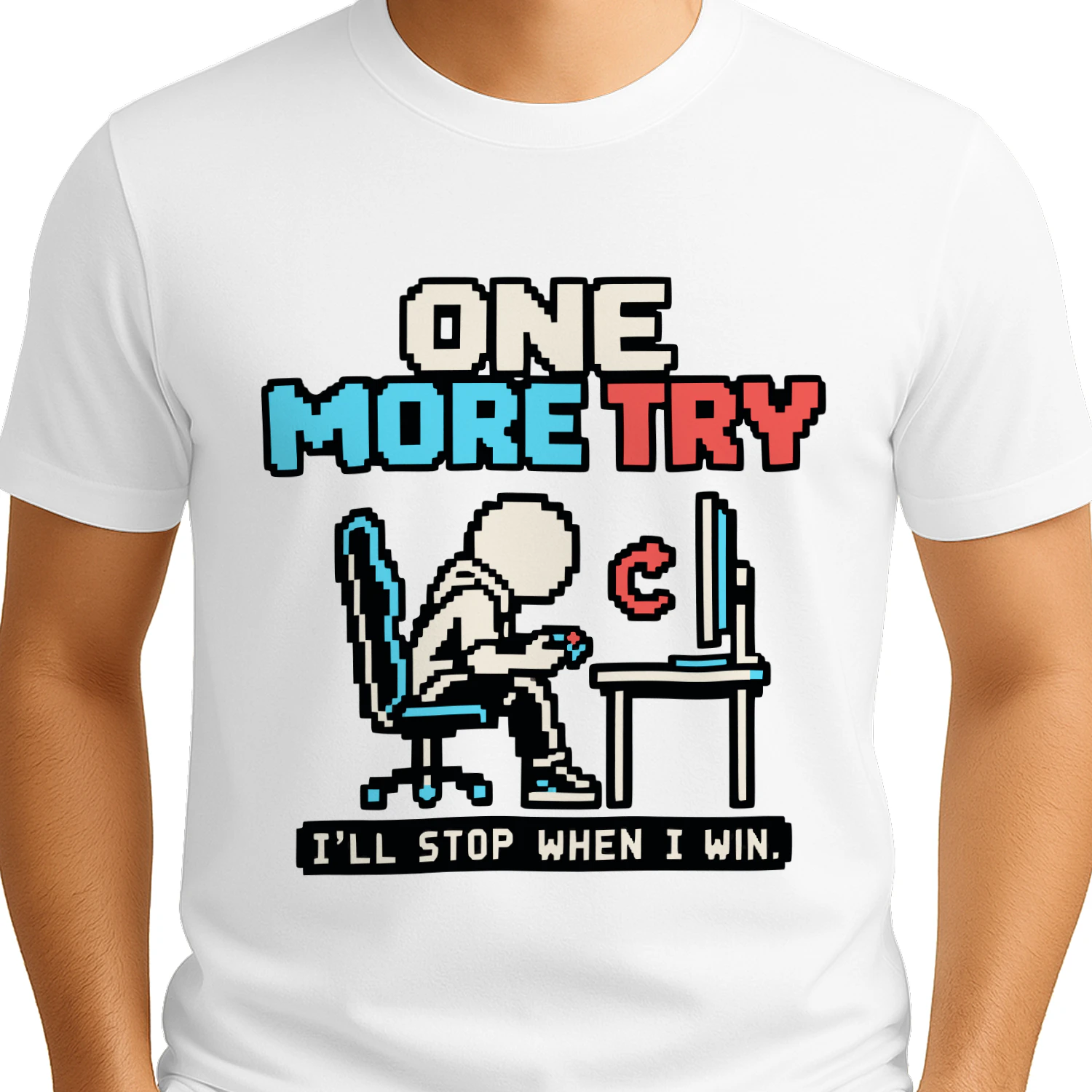One More Try Gamer T-Shirt, I'll Stop When I Win Gaming Shirt, Funny Retro Pixel Art Video Game Design, Cool Gamer Gift for Men and Women