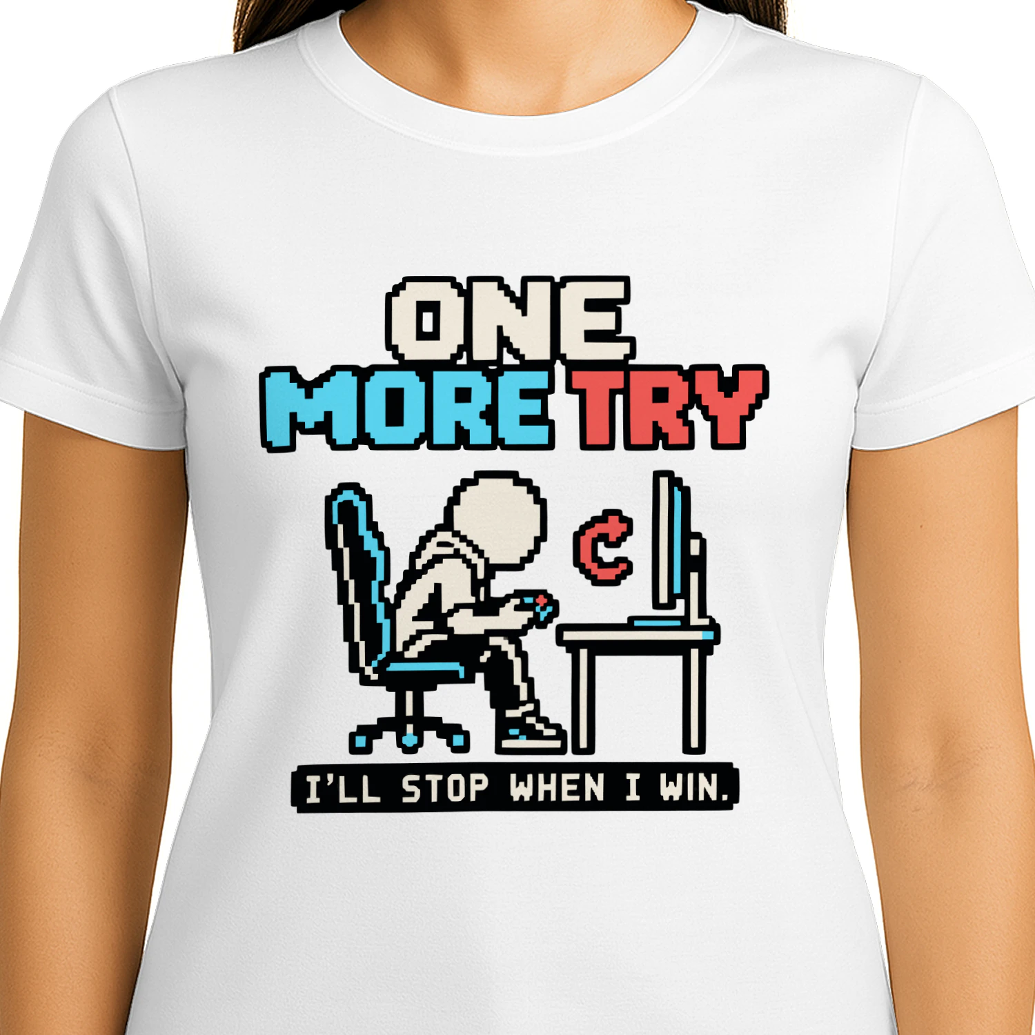 One More Try Gamer T-Shirt, I'll Stop When I Win Gaming Shirt, Funny Retro Pixel Art Video Game Design, Cool Gamer Gift for Men and Women