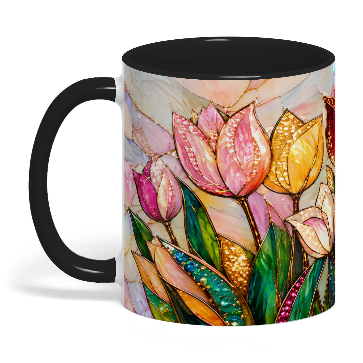 Tulip Print Ceramic Mug, Faux Stained Glass & Jewelry Style Digital Art Coffee Cup - Elegant Gift