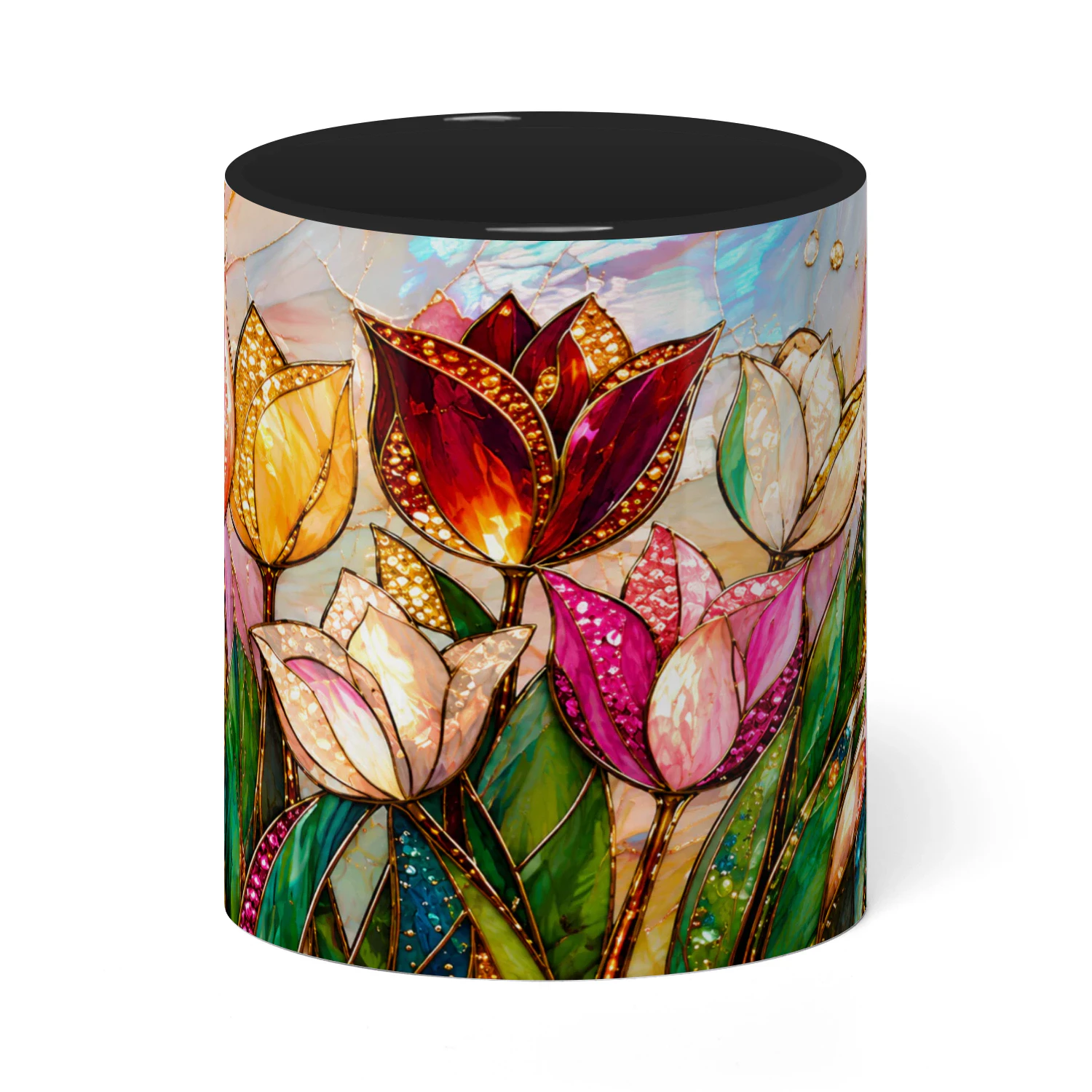 Tulip Print Ceramic Mug, Faux Stained Glass & Jewelry Style Digital Art Coffee Cup - Elegant Gift