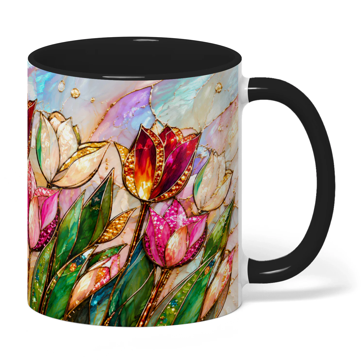Tulip Print Ceramic Mug, Faux Stained Glass & Jewelry Style Digital Art Coffee Cup - Elegant Gift
