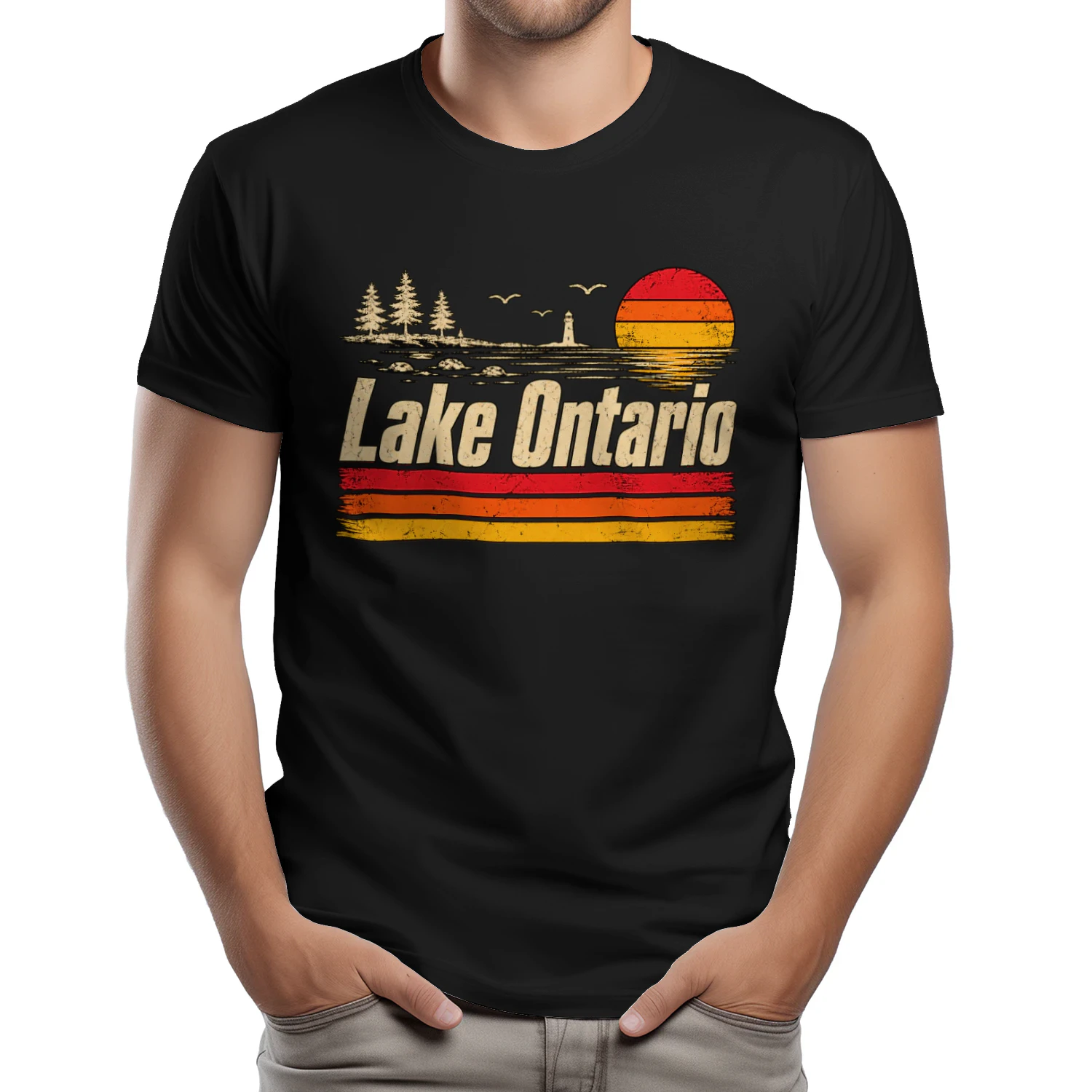Lake Ontario Retro Classic Unisex T-shirt Vintage Great Lakes Sunset Tee, Cottage Lake Gift for Boaters & Travelers