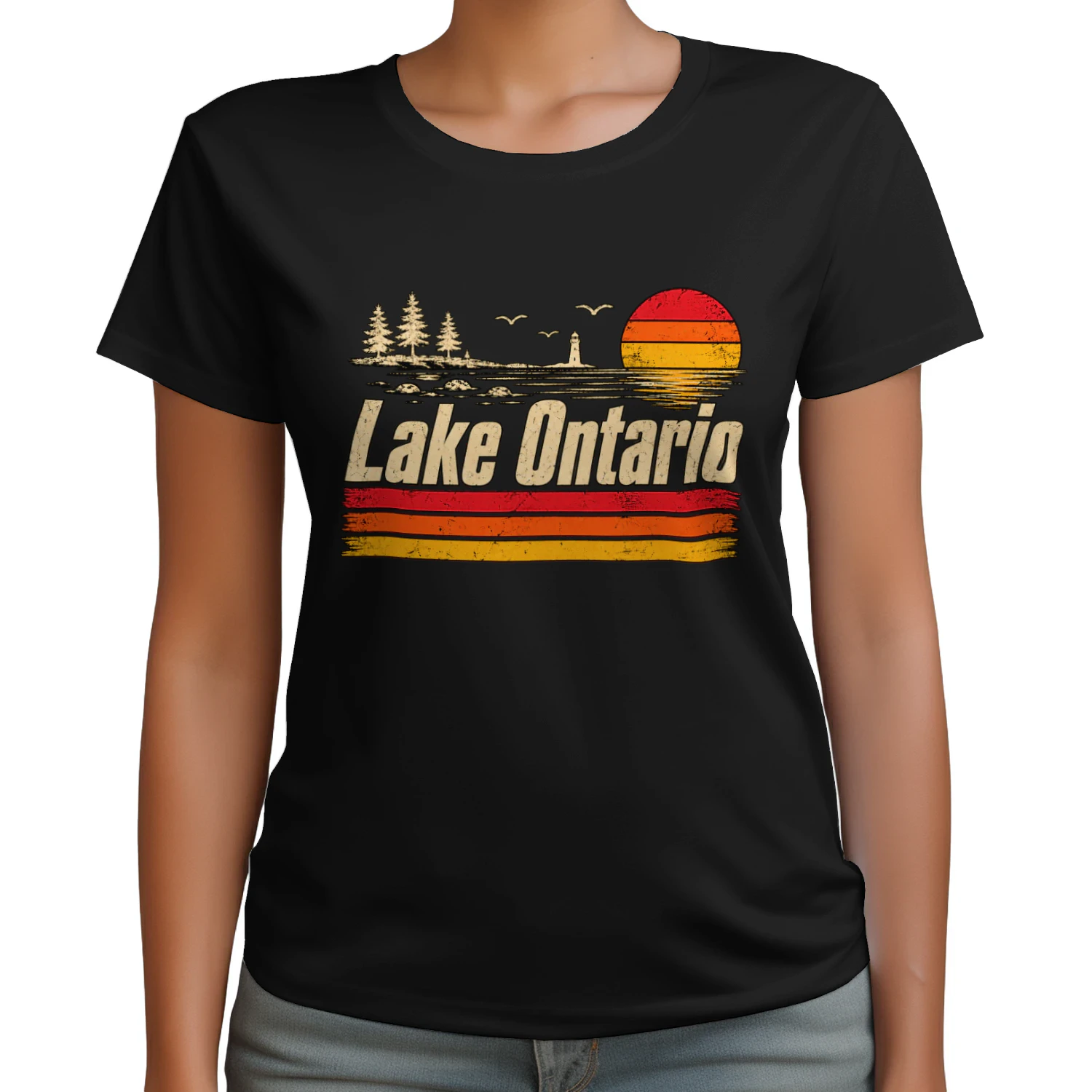 Lake Ontario Retro Classic Unisex T-shirt Vintage Great Lakes Sunset Tee, Cottage Lake Gift for Boaters & Travelers